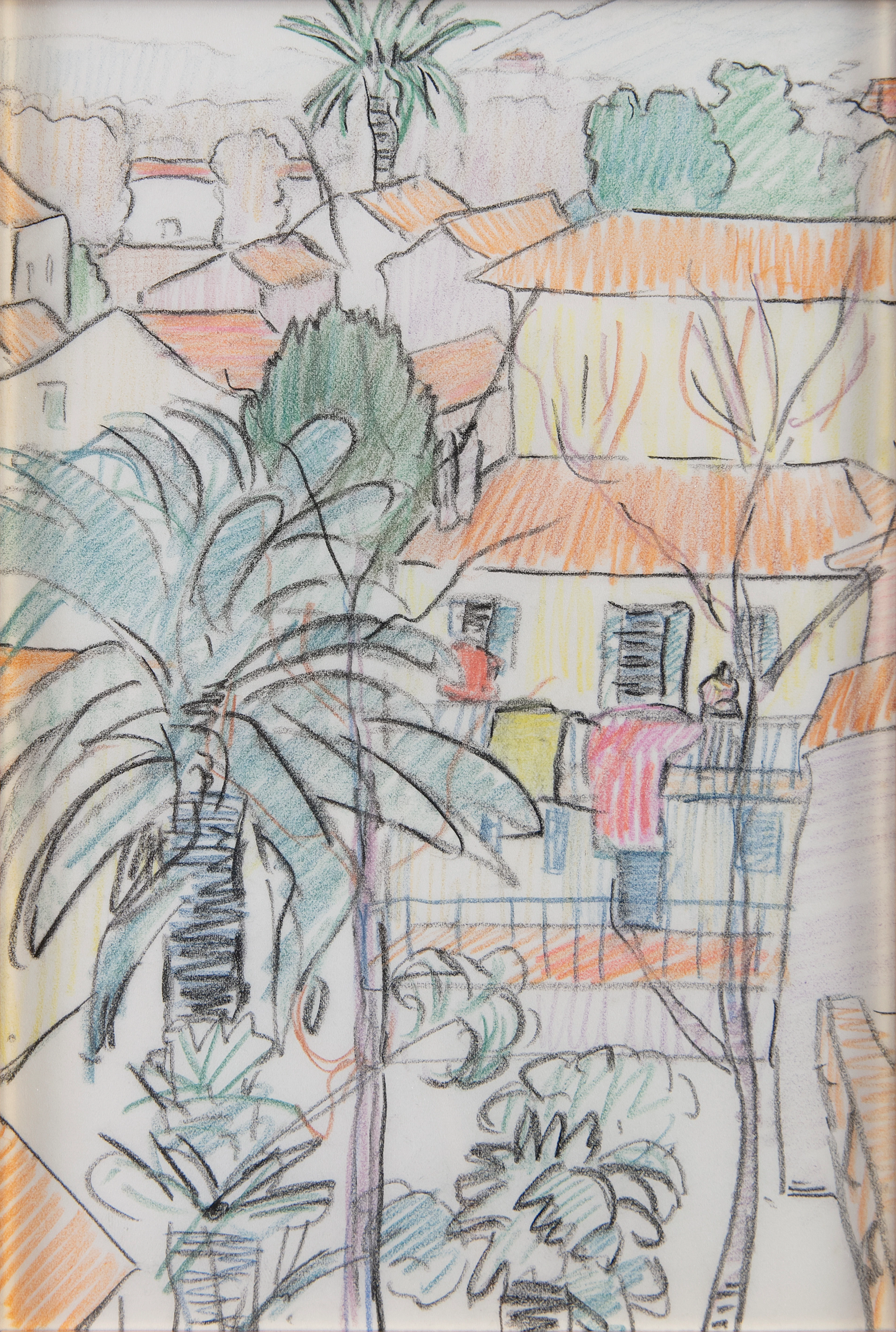 Mary Swanzy HRHA (1882-1978) Townscape with Palm Trees Coloured pencil