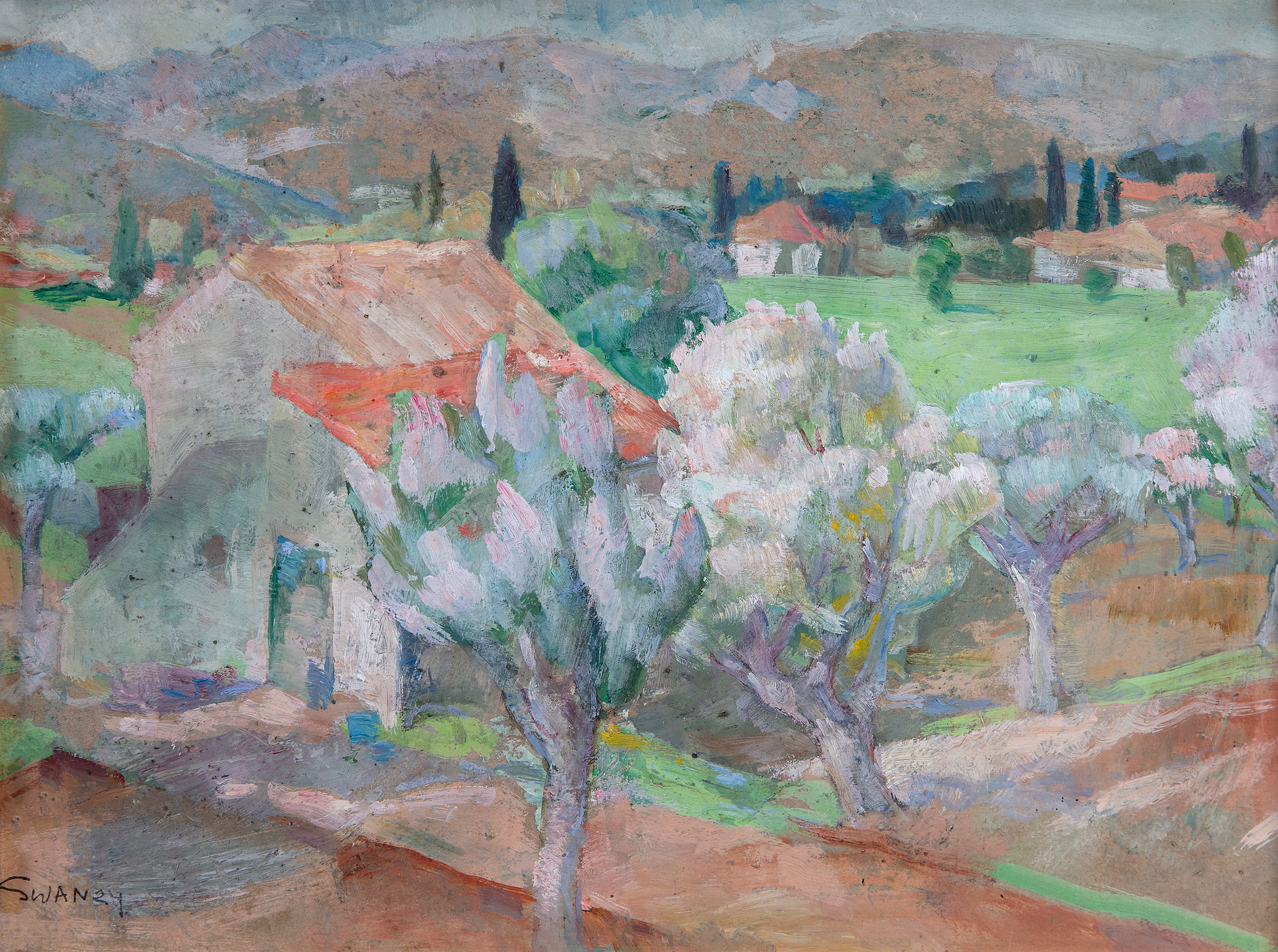 Mary Swanzy HRHA (1882-1978) Olive Trees and Landscape Oil on board
