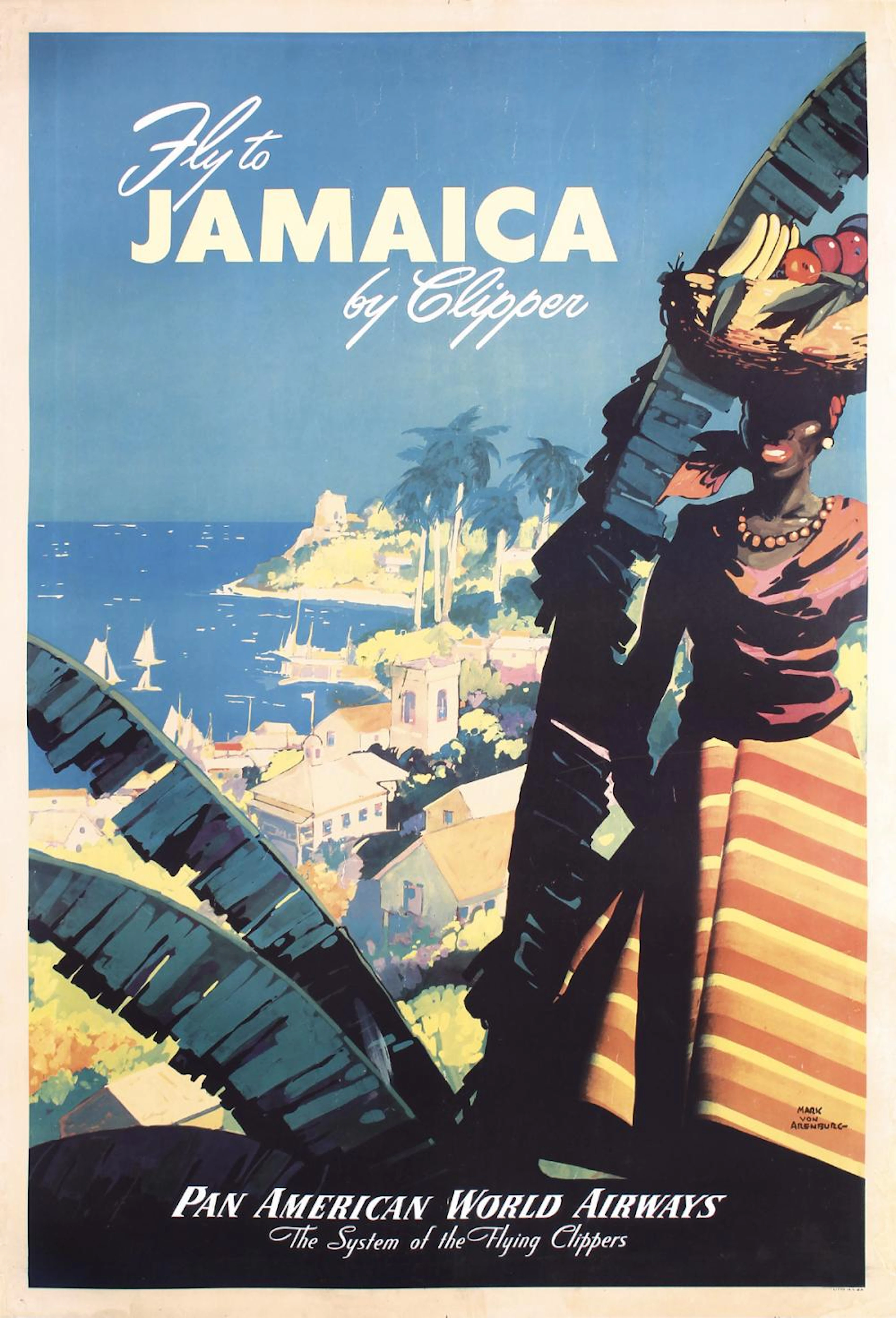 Original 1940s/50s Pan Am Clipper Travel Poster Jamaica