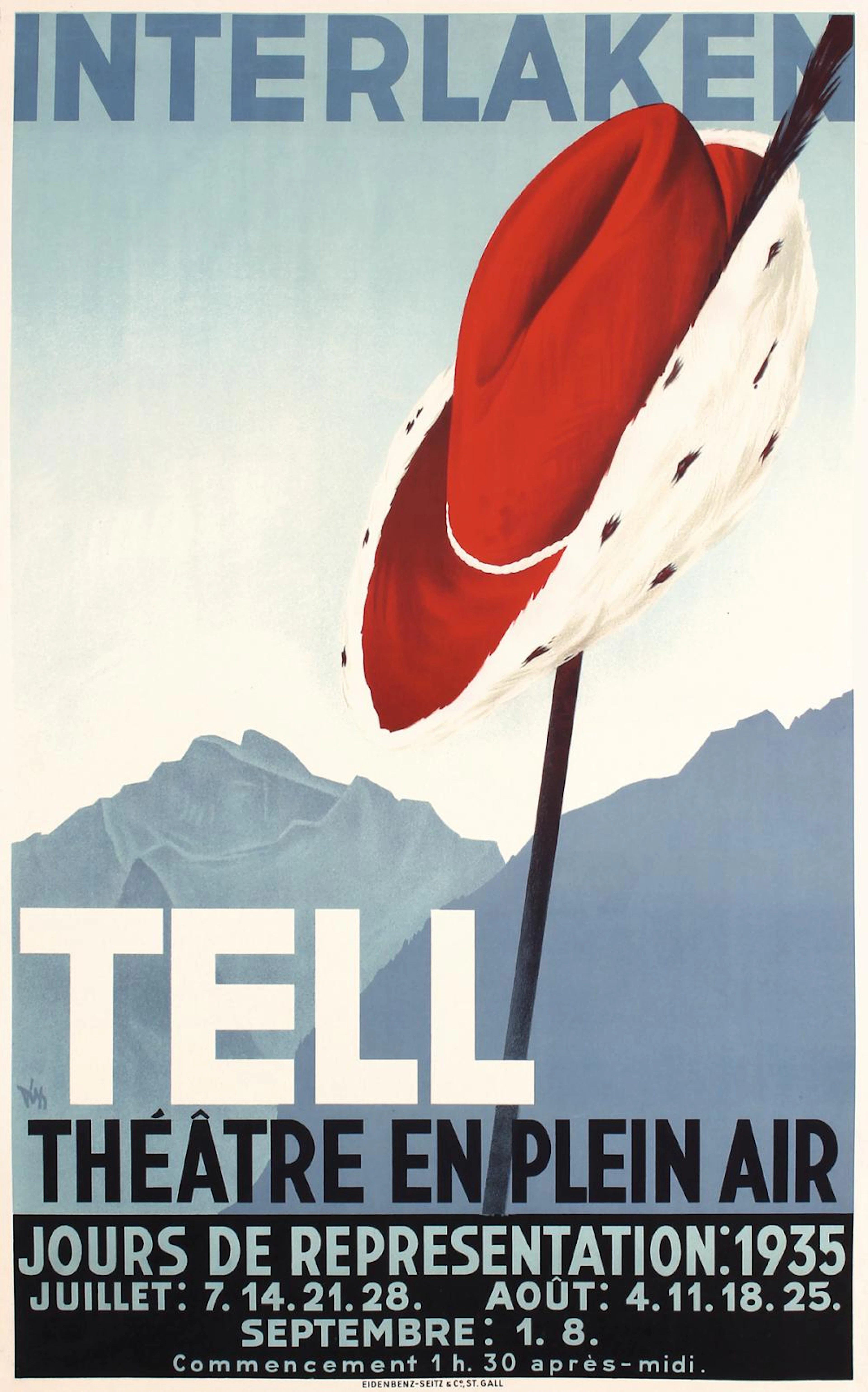Original Vintage 1930s Swiss Travel Poster Tell Hat