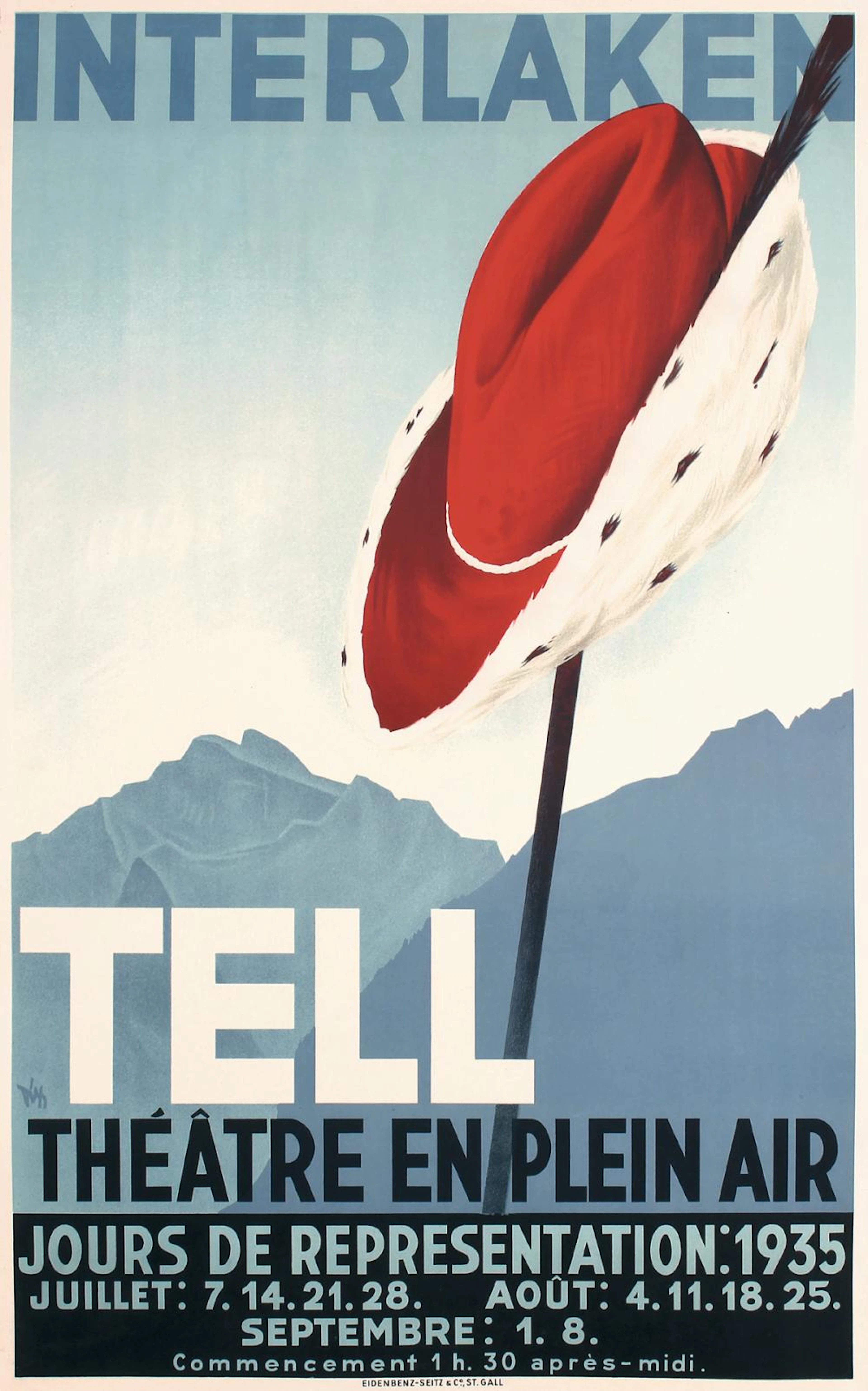 Original Vintage 1930s Swiss Travel Poster Tell Hat