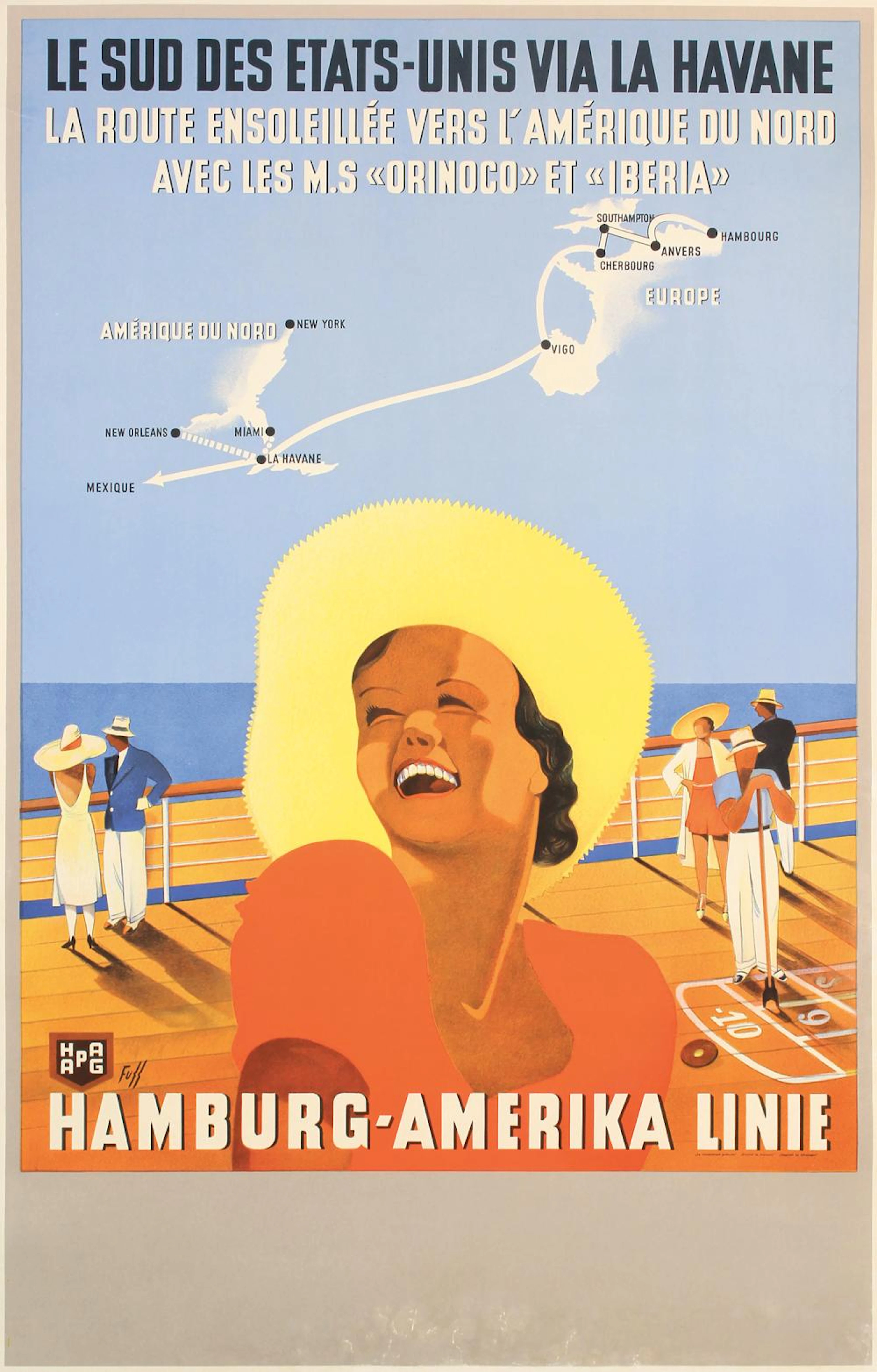 Original 1930s Liner Travel Poster Hamburg Amerika Cuba