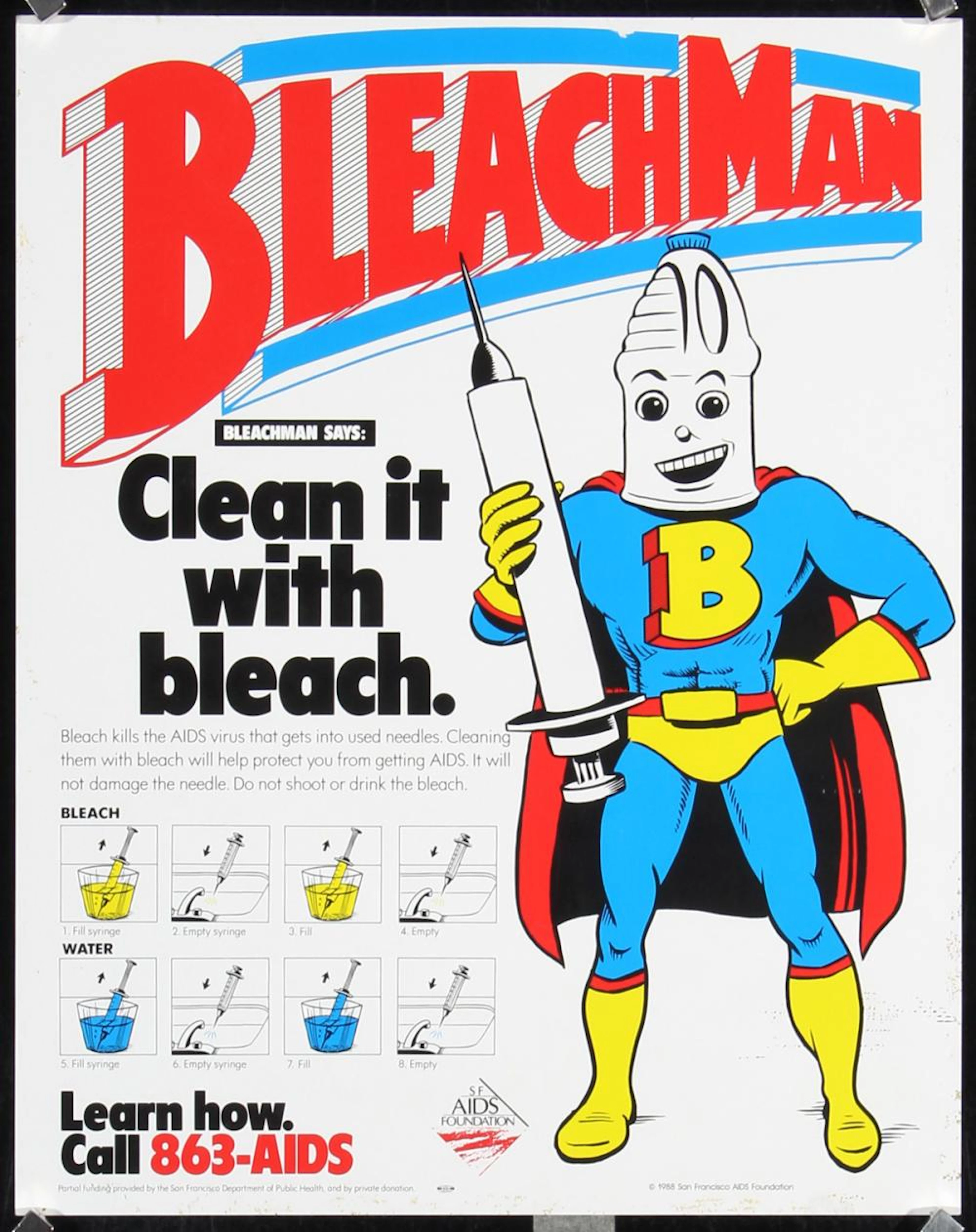 Original 1980s American AIDS Health Poster Bleach Man