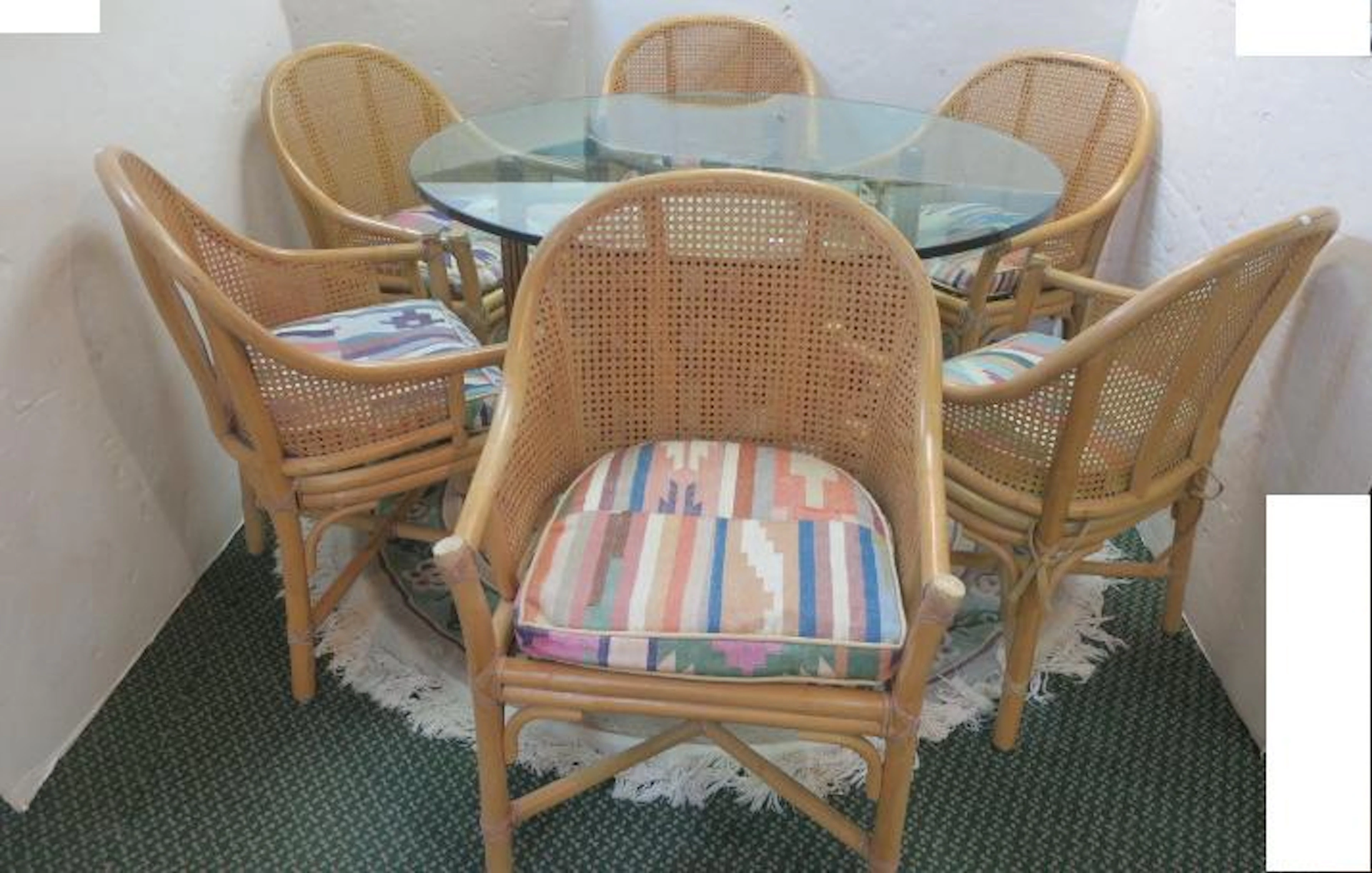 McGUIRE Glass Topped Round Table with Six Arm Chairs: