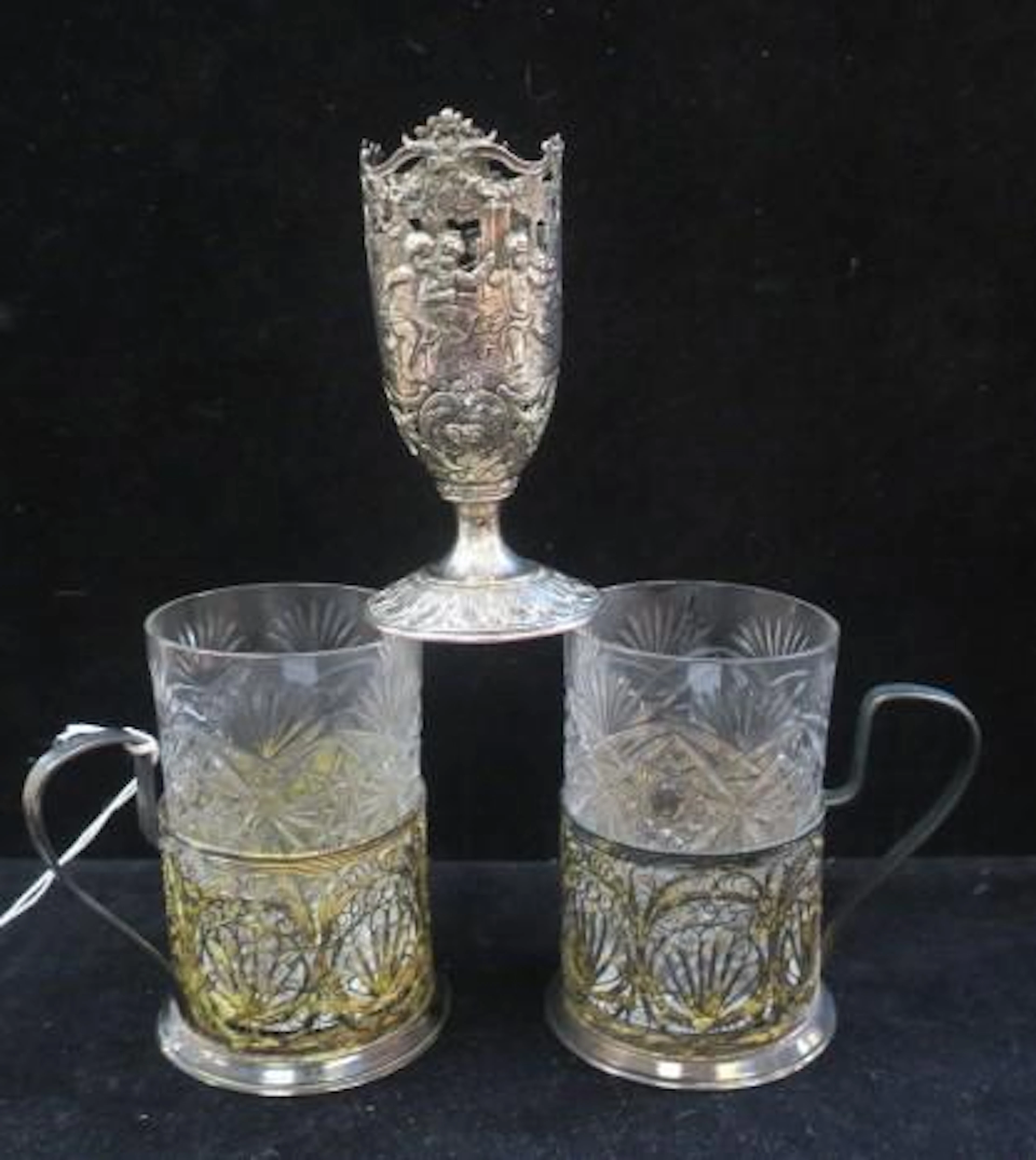 Two Russian Filigree Tea Glass Holders, German Holder: