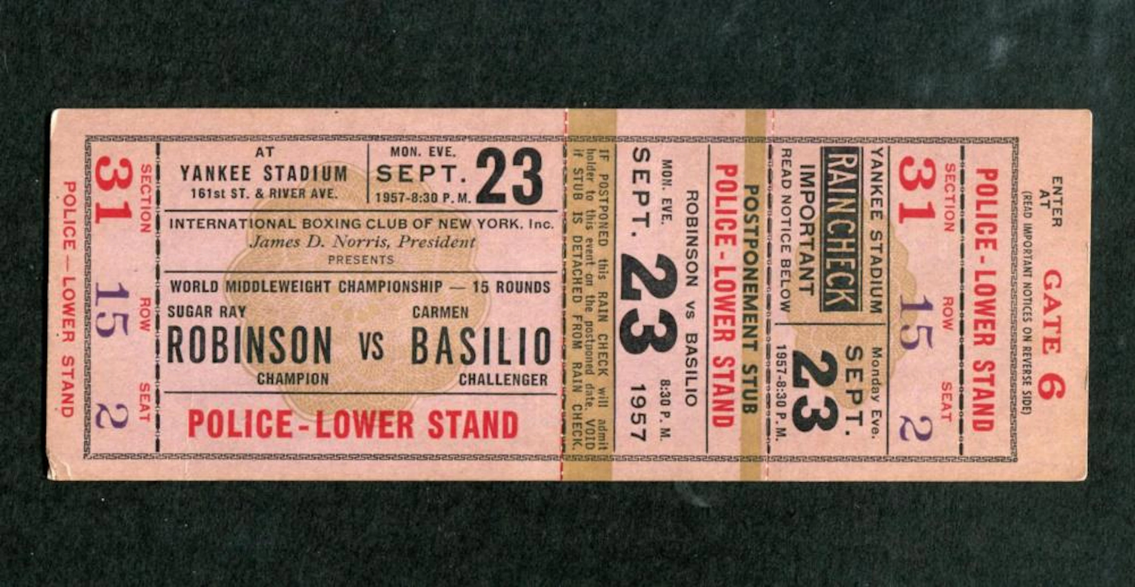 1957 Sugar Ray Robinson vs Basilio Full Ticket