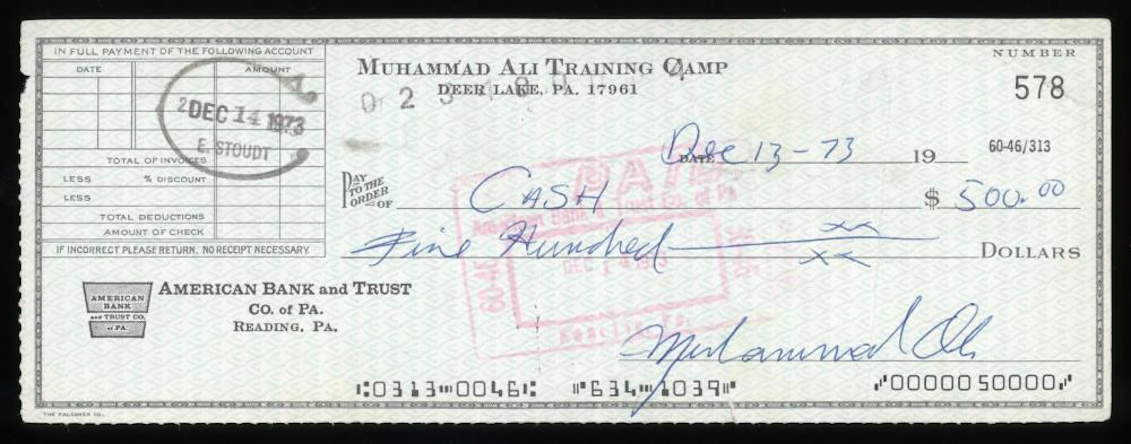 Muhammed Ali Signed 1973 Check