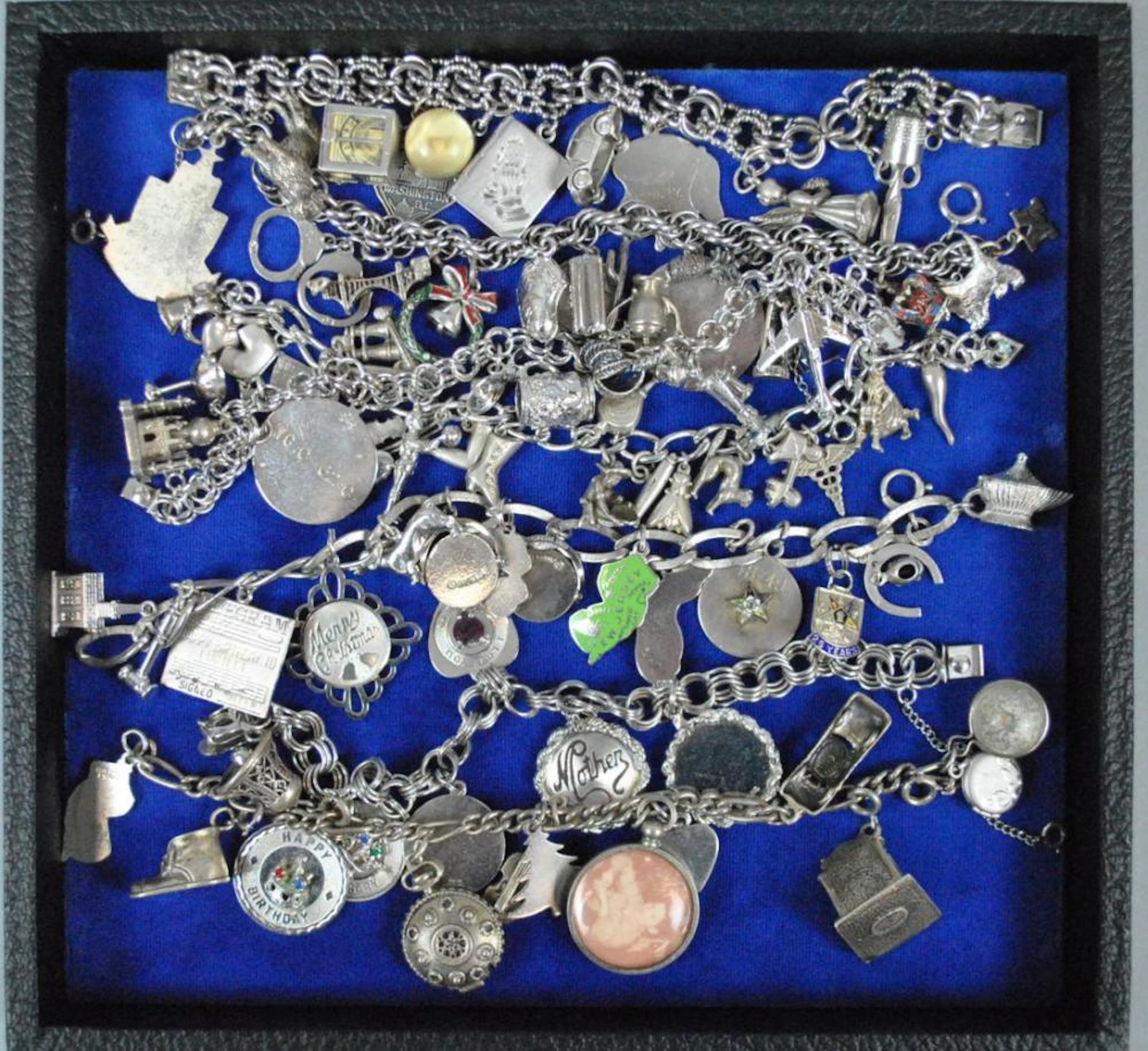 (7) SILVER CHARM BRACELETS WITH 80+ SILVER CHARMS
