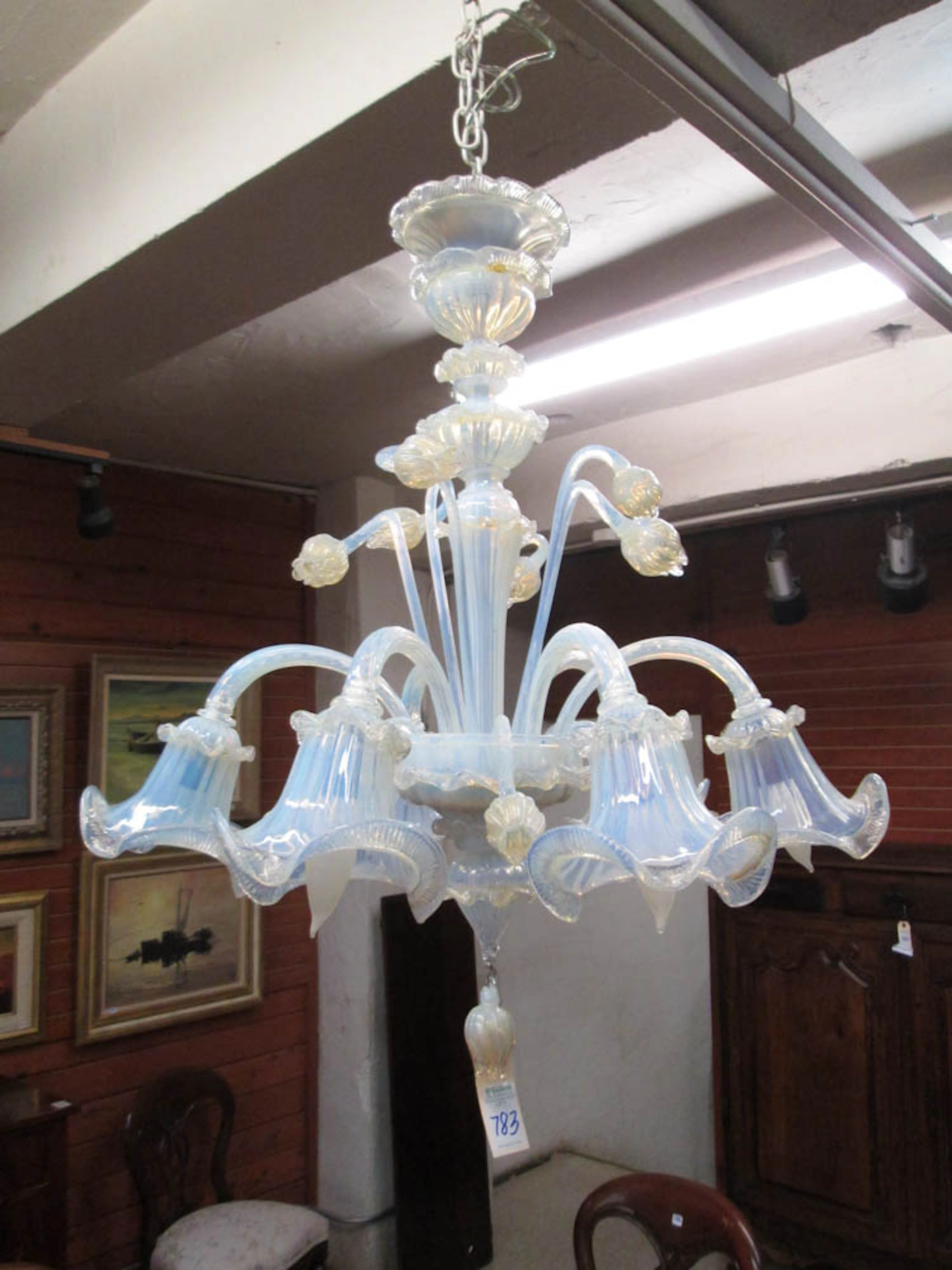 BLUE OPALINE AND GOLD MURANO GLASS CHANDELIER, Mur