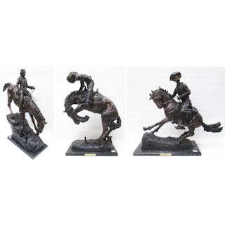 THREE WESTERN BRONZE HORSE AND RIDER SCULPTURES, a