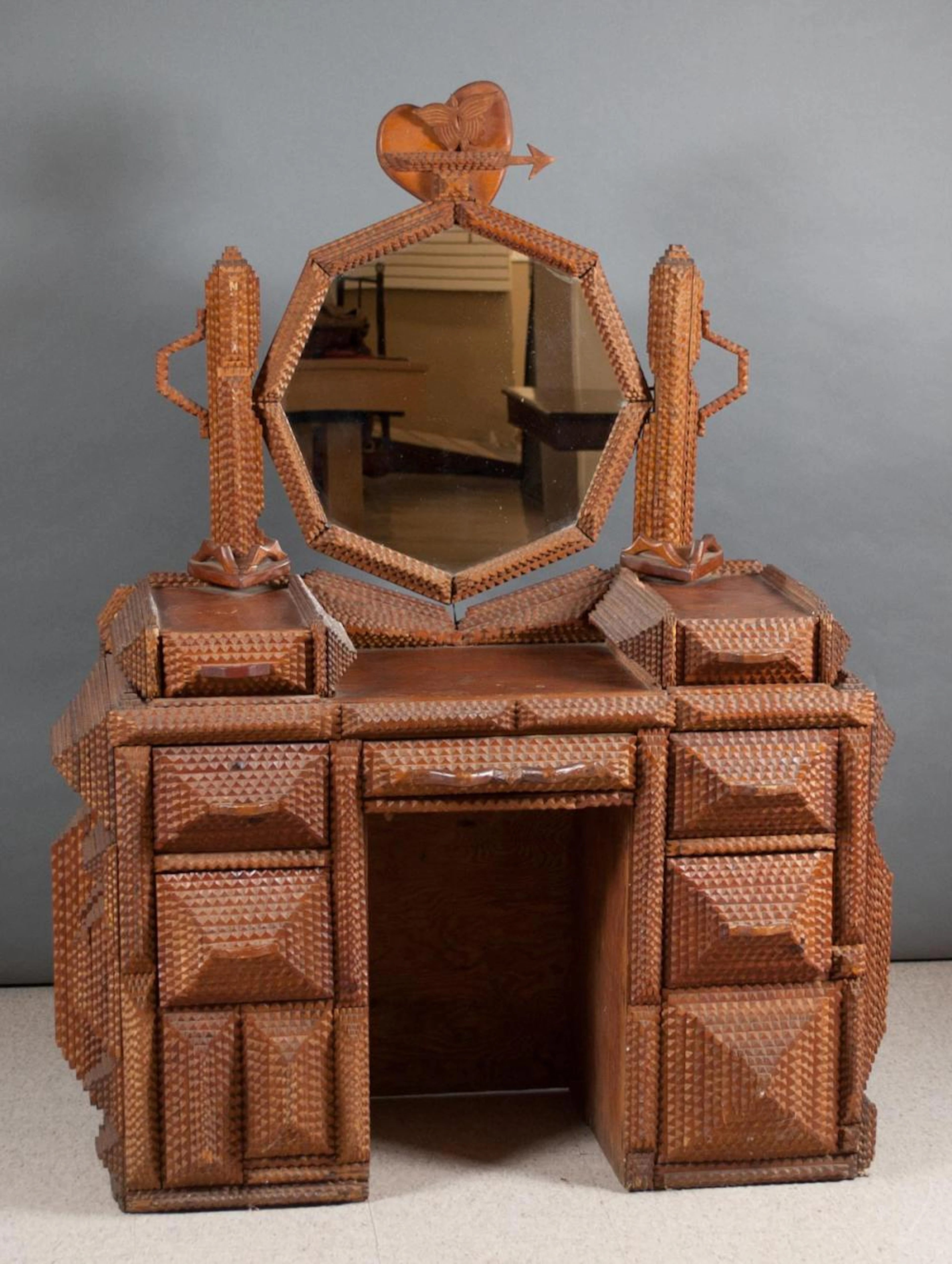 TRAMP ART WOOD VANITY, American ethnic folk art ge