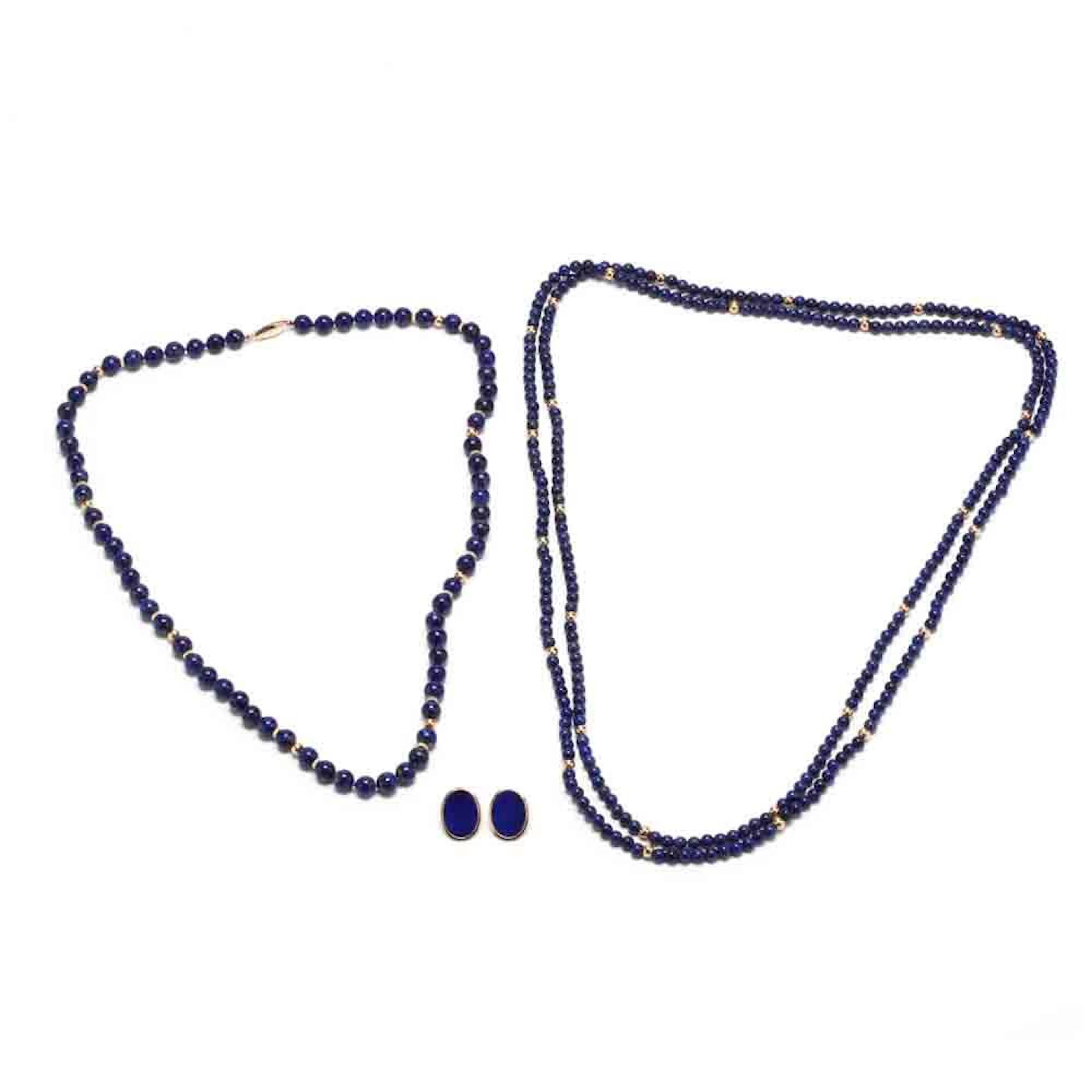 Two Gold and Lapis Bead Necklaces and a Pair of 14KT Gold and Lapis Earrings