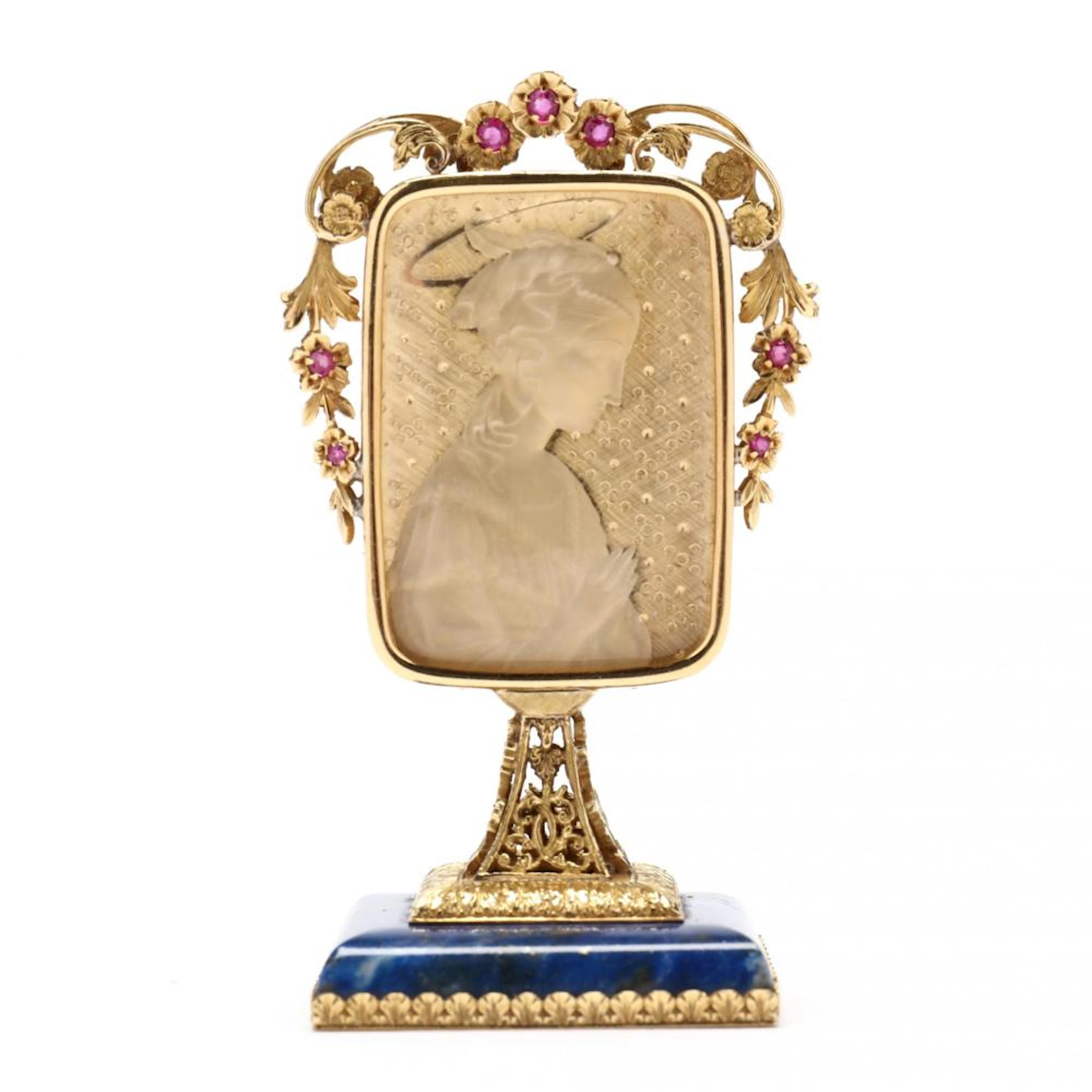 Italian 18K Gold and Ruby Set Cameo of The Madonna