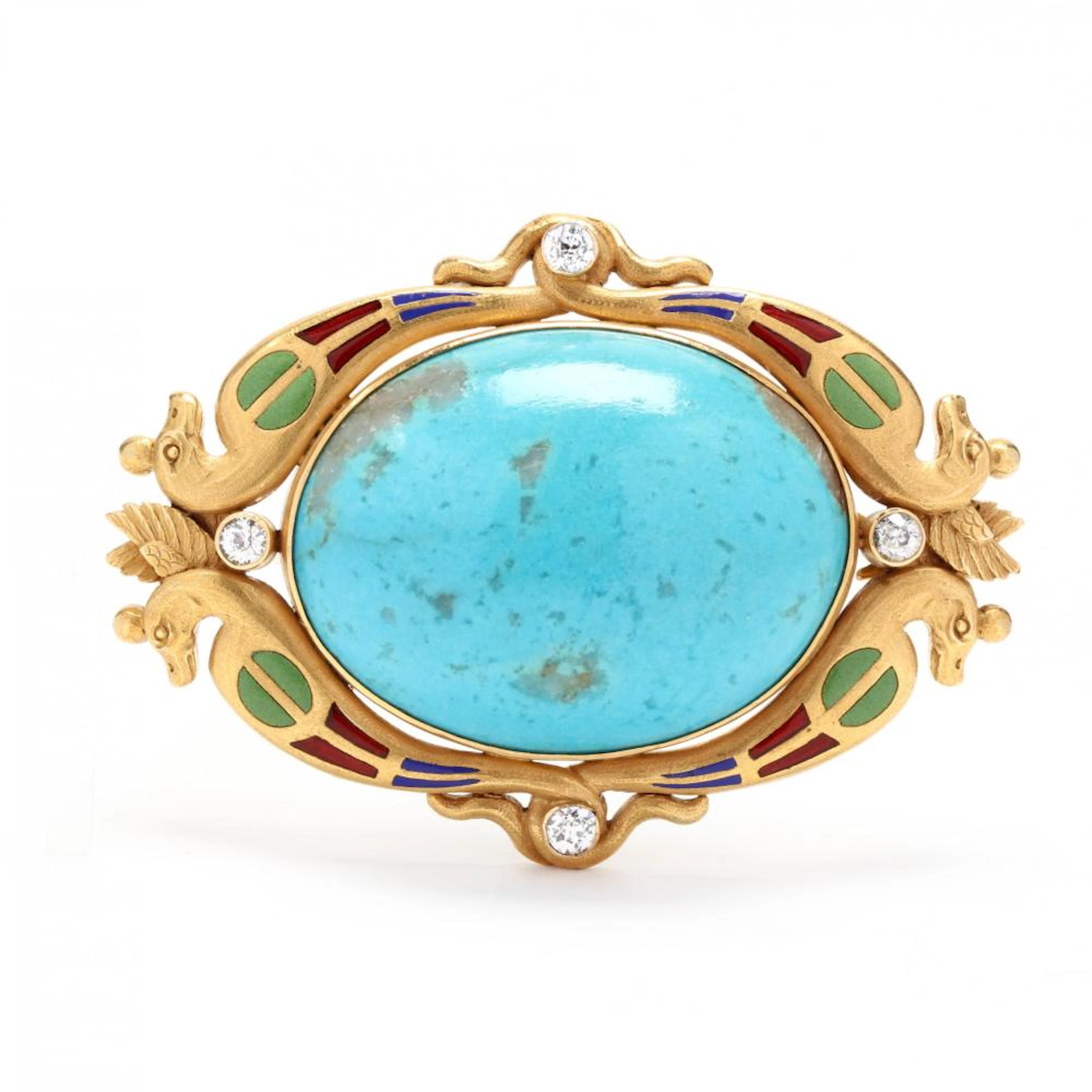 Egyptian Revival, Gold, Turquoise, Diamond, and Enamel Brooch