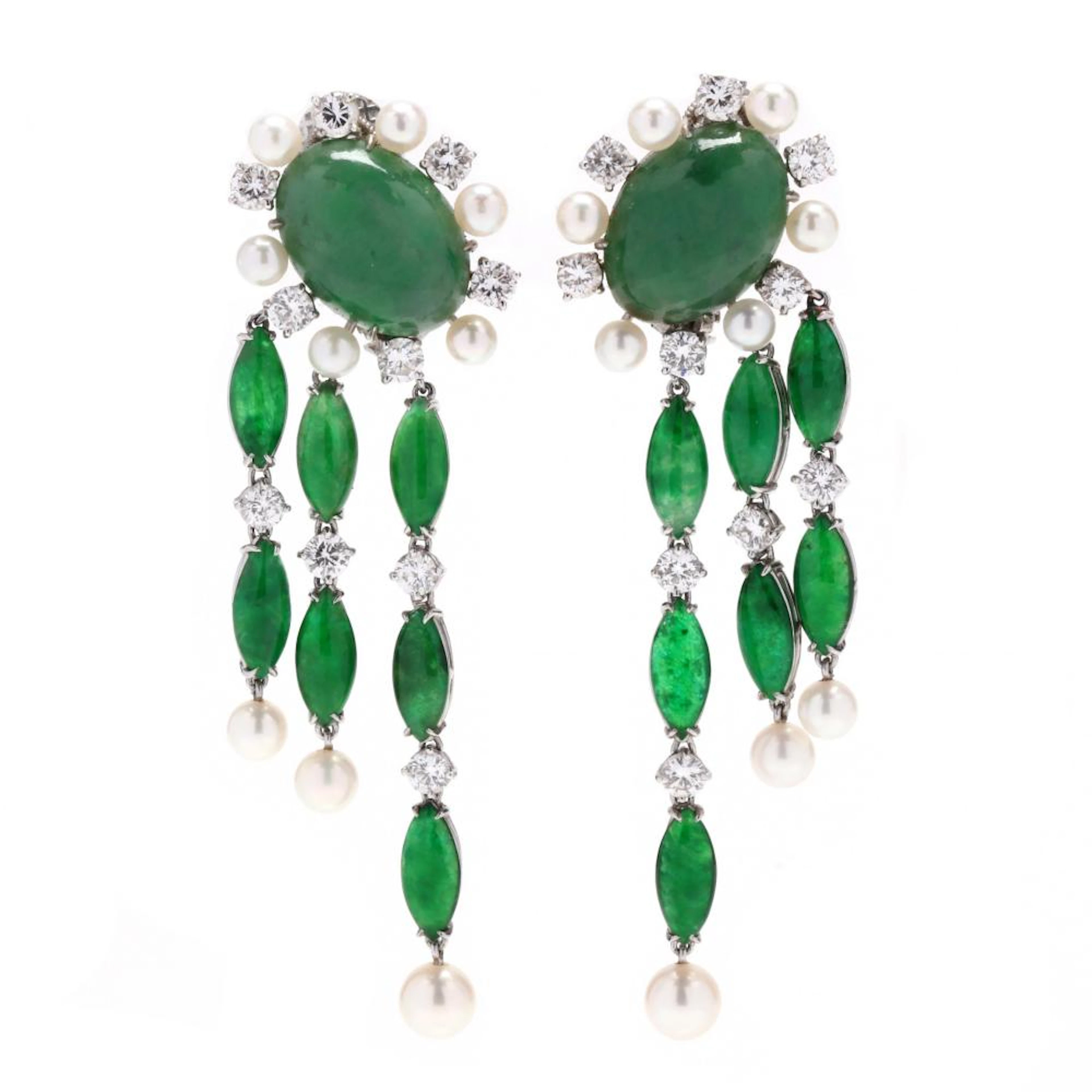 White Gold, Jadeite, Pearl, and Diamond Chandelier Earrings