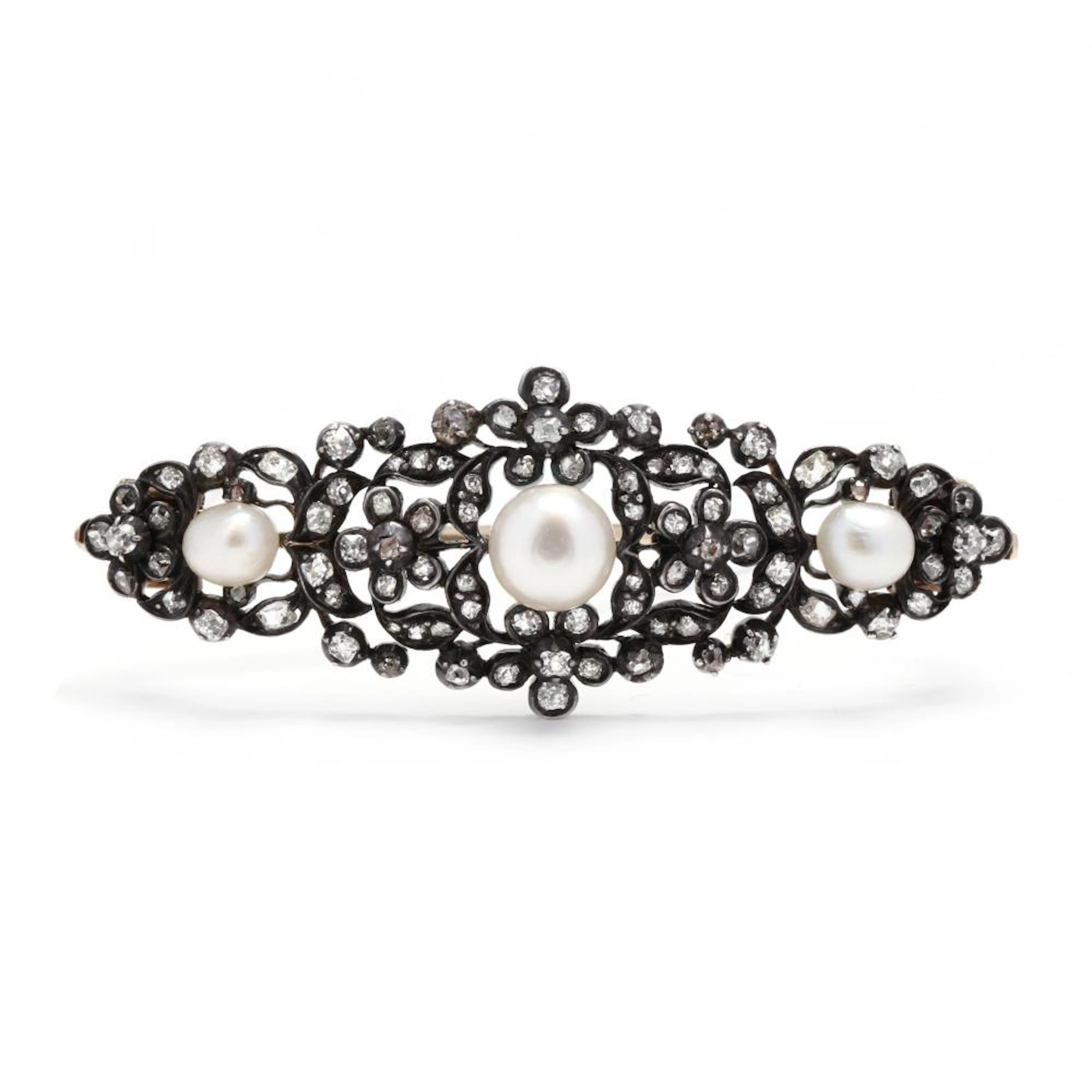 Antique Silver Topped Gold and Natural Pearl Brooch
