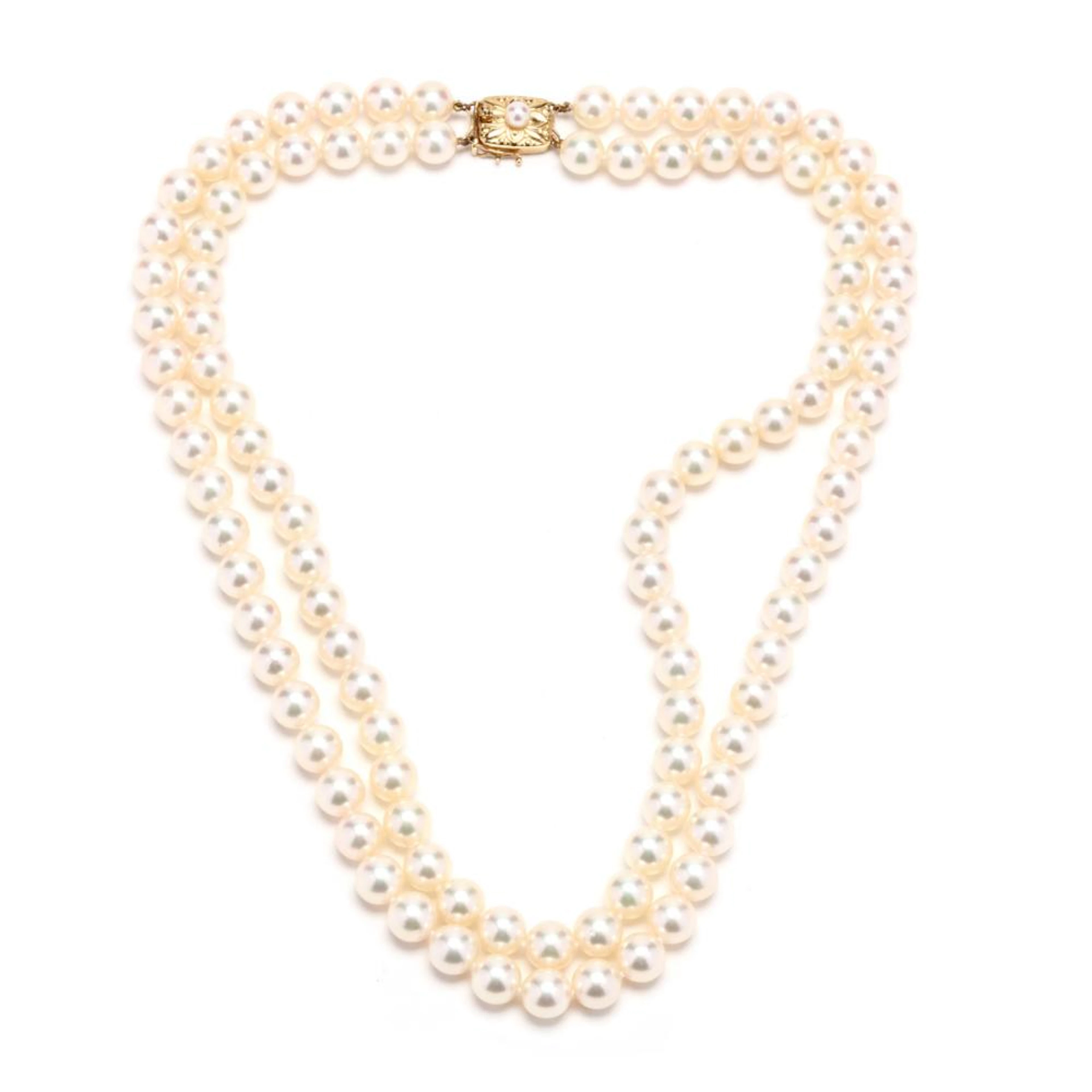 Double Strand Pearl Necklace with Gold Clasp, Mikimoto