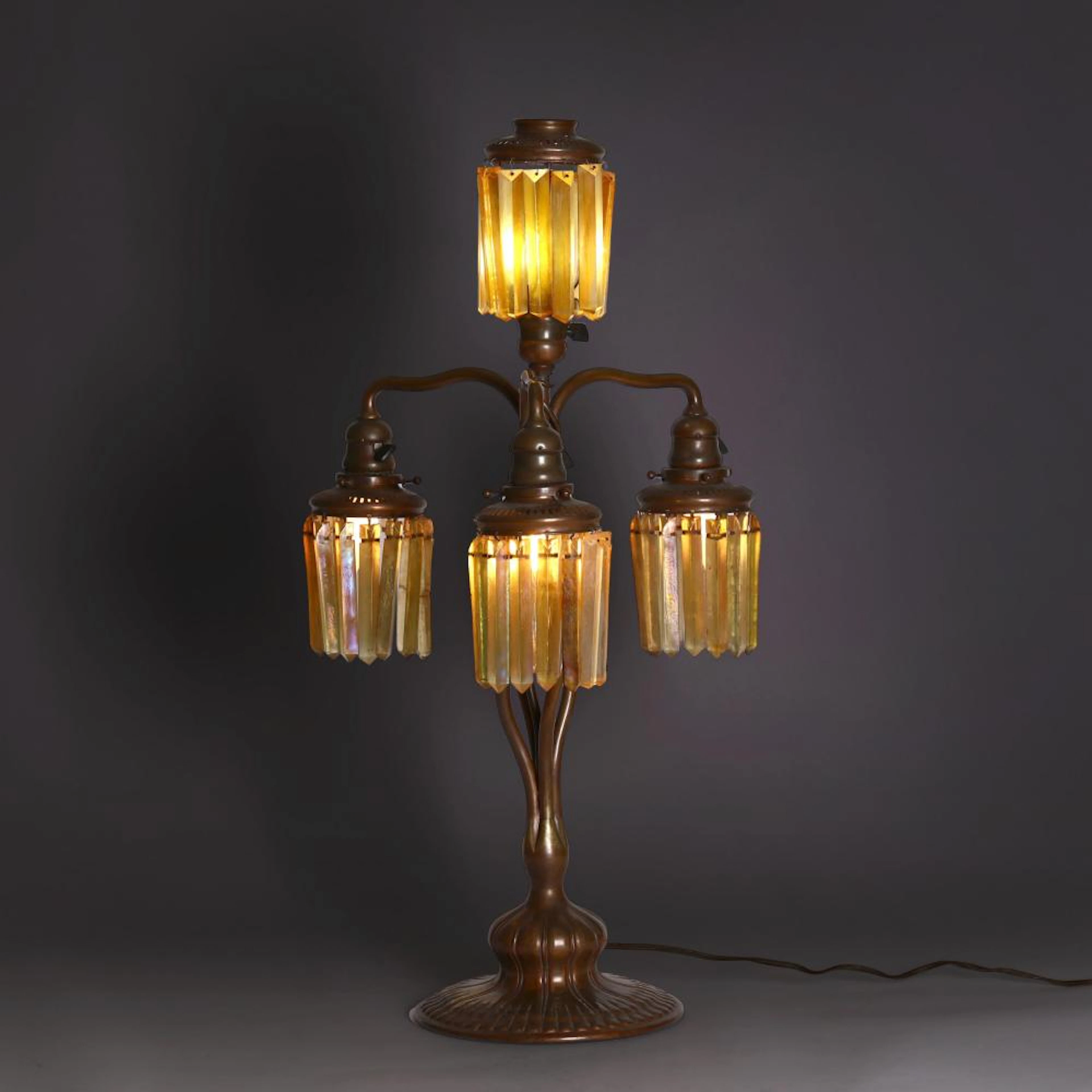 Tiffany Studios, Favrile Drop Prism and Newel Twist Bronze Table Lamp