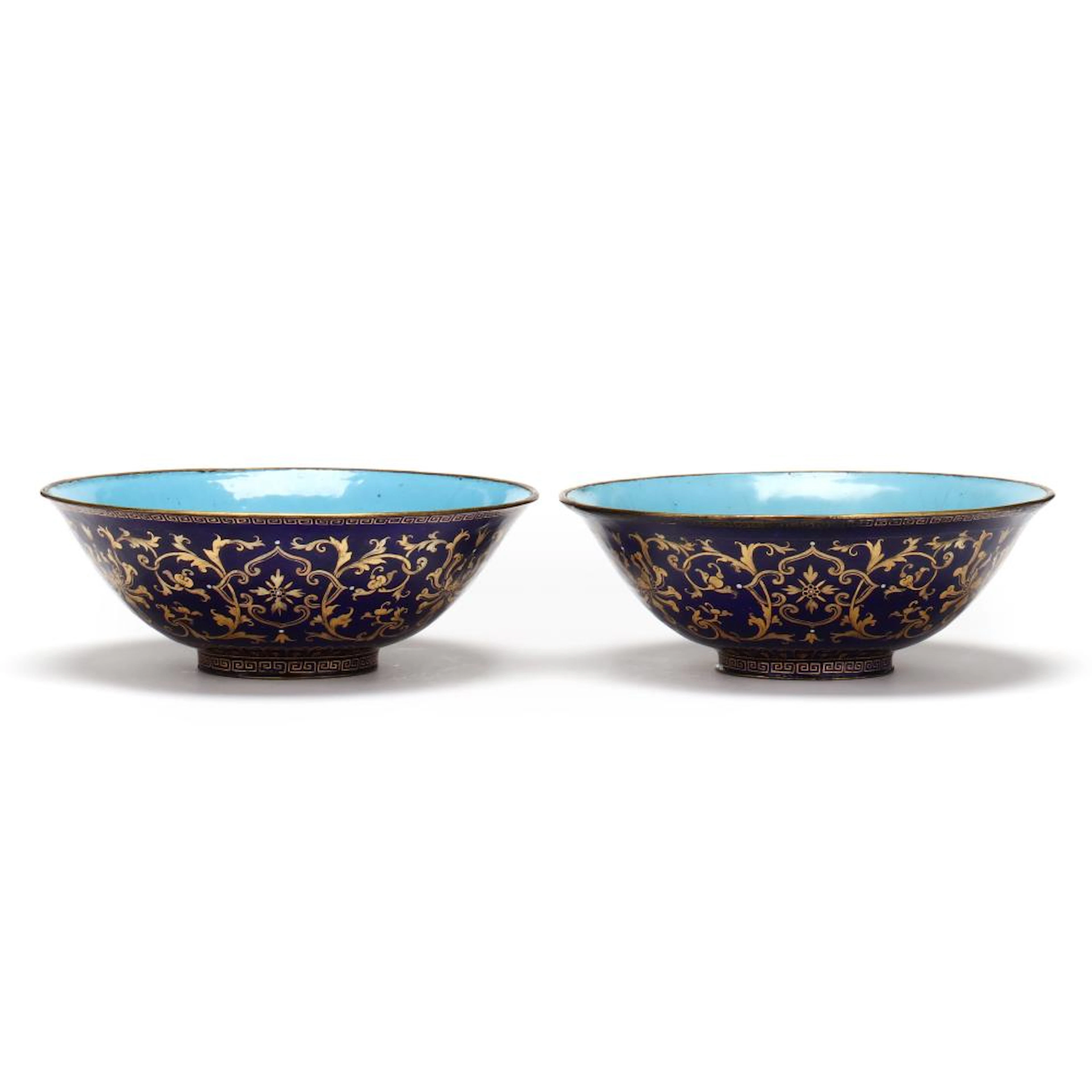 A Pair of Gilt Decorated Blue Ground Painted Enamel Bowls