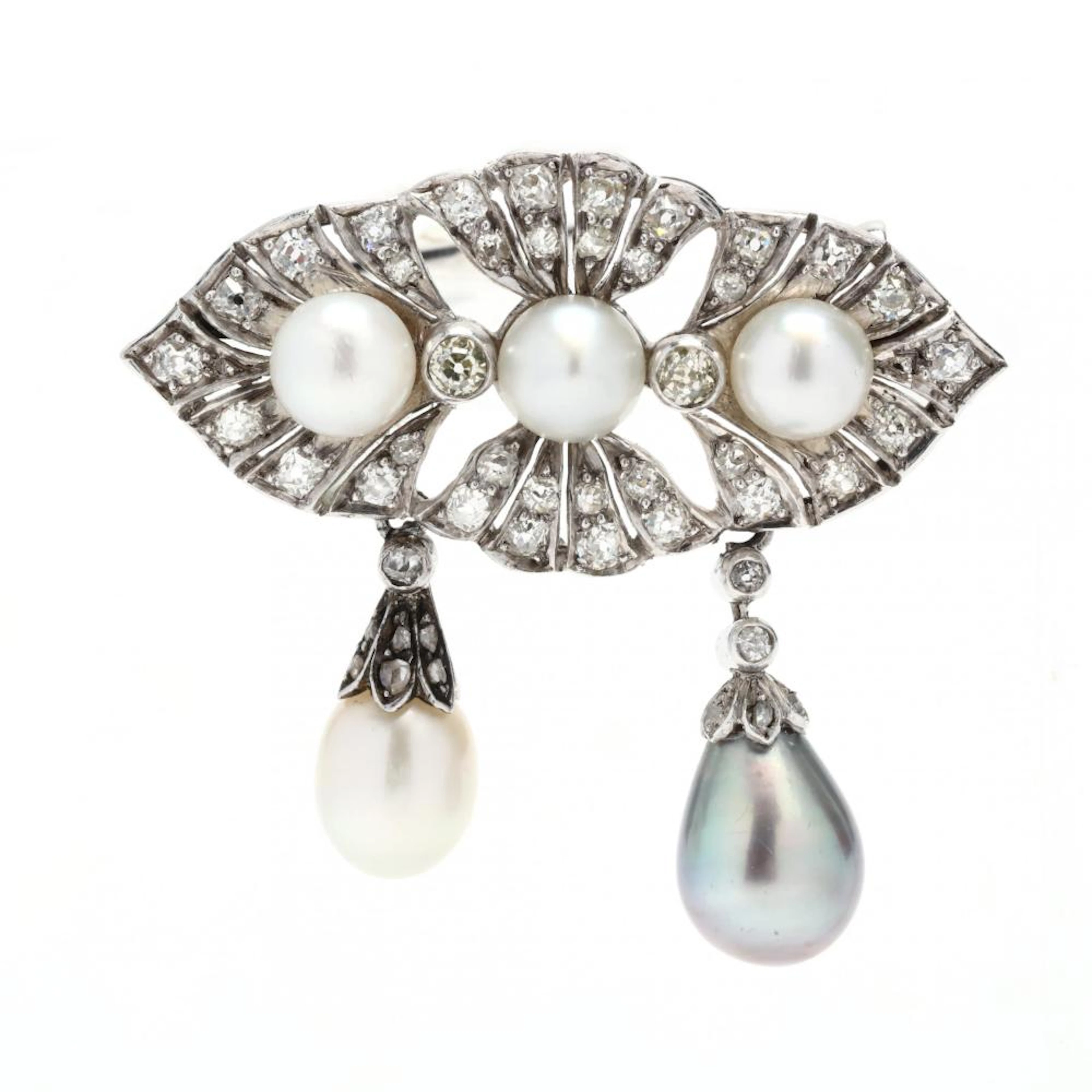Antique White Gold, Natural Pearl, and Diamond Brooch