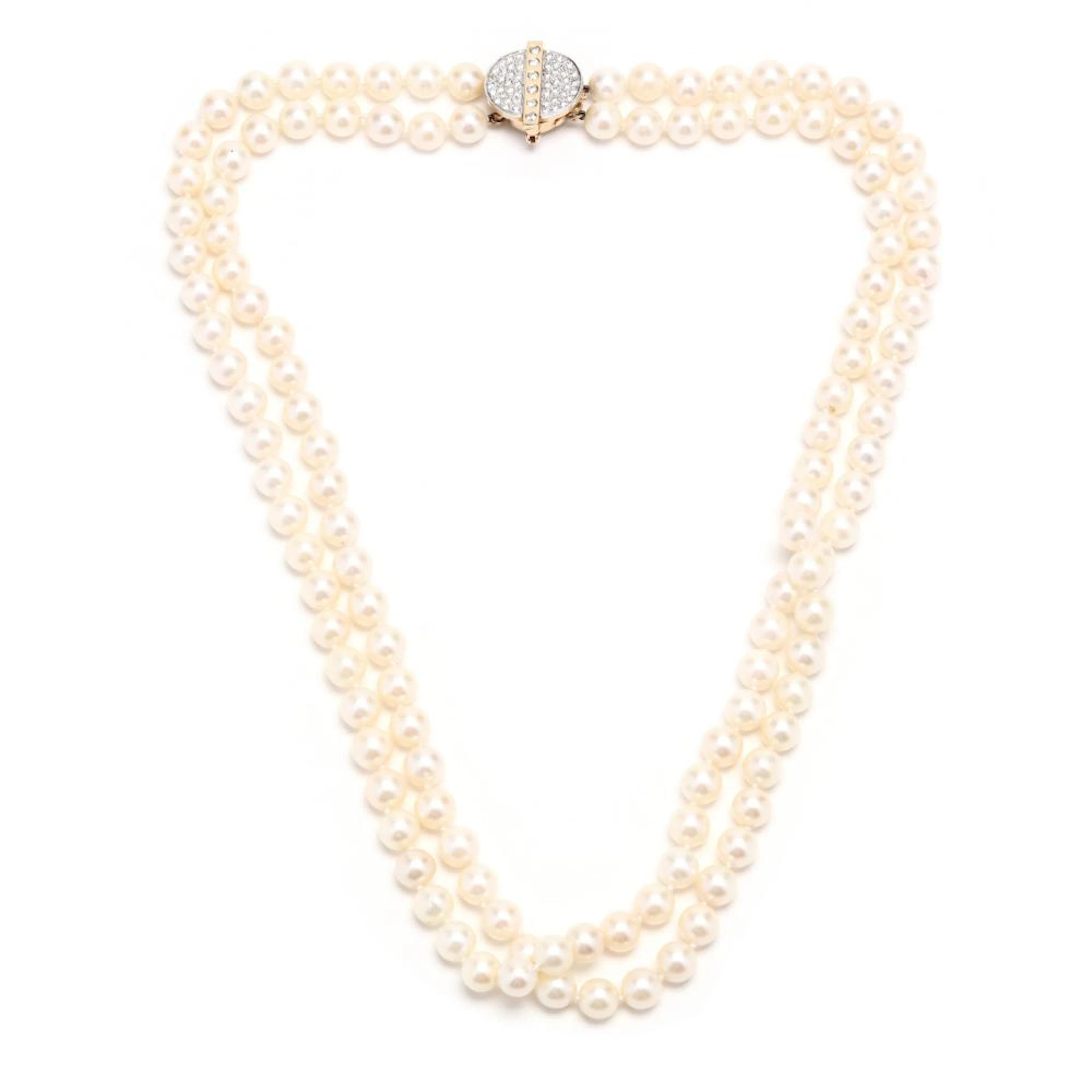Double Strand Pearl Necklace with Convertible Pearl and Diamond Clasp / Brooch