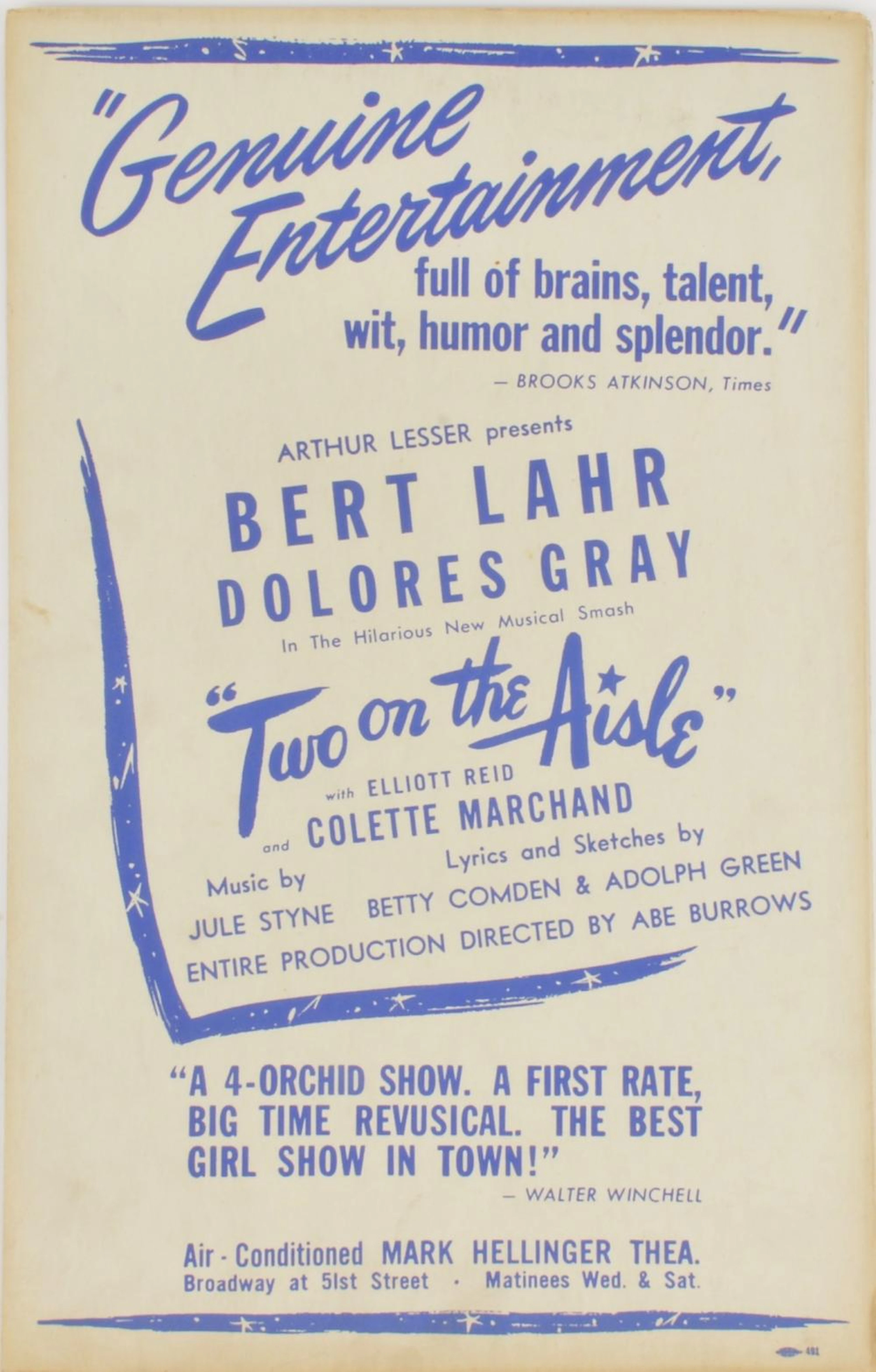 Bert Lahr Dolores Gray Musical Two On The Aisle Broadway Poster