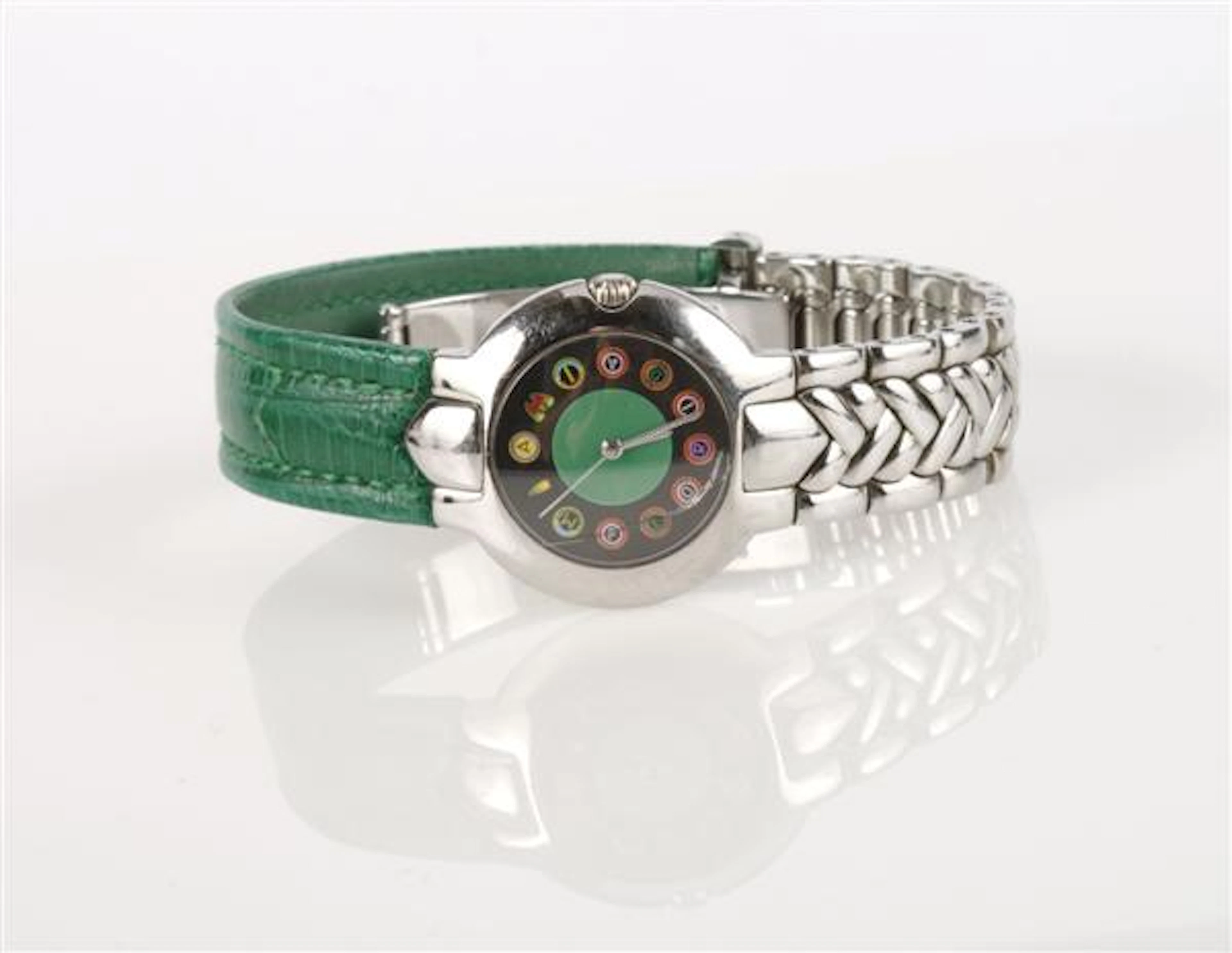 A Stainless Steel and Green Leather Wristwatch