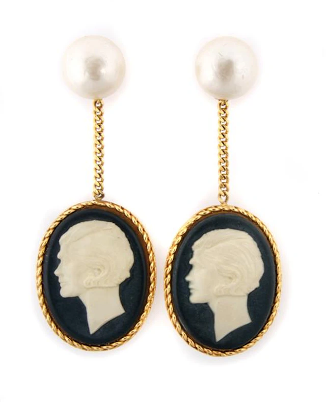 A Pair of Rare Chanel Oversized Cameo Drop Earclips, 1986,