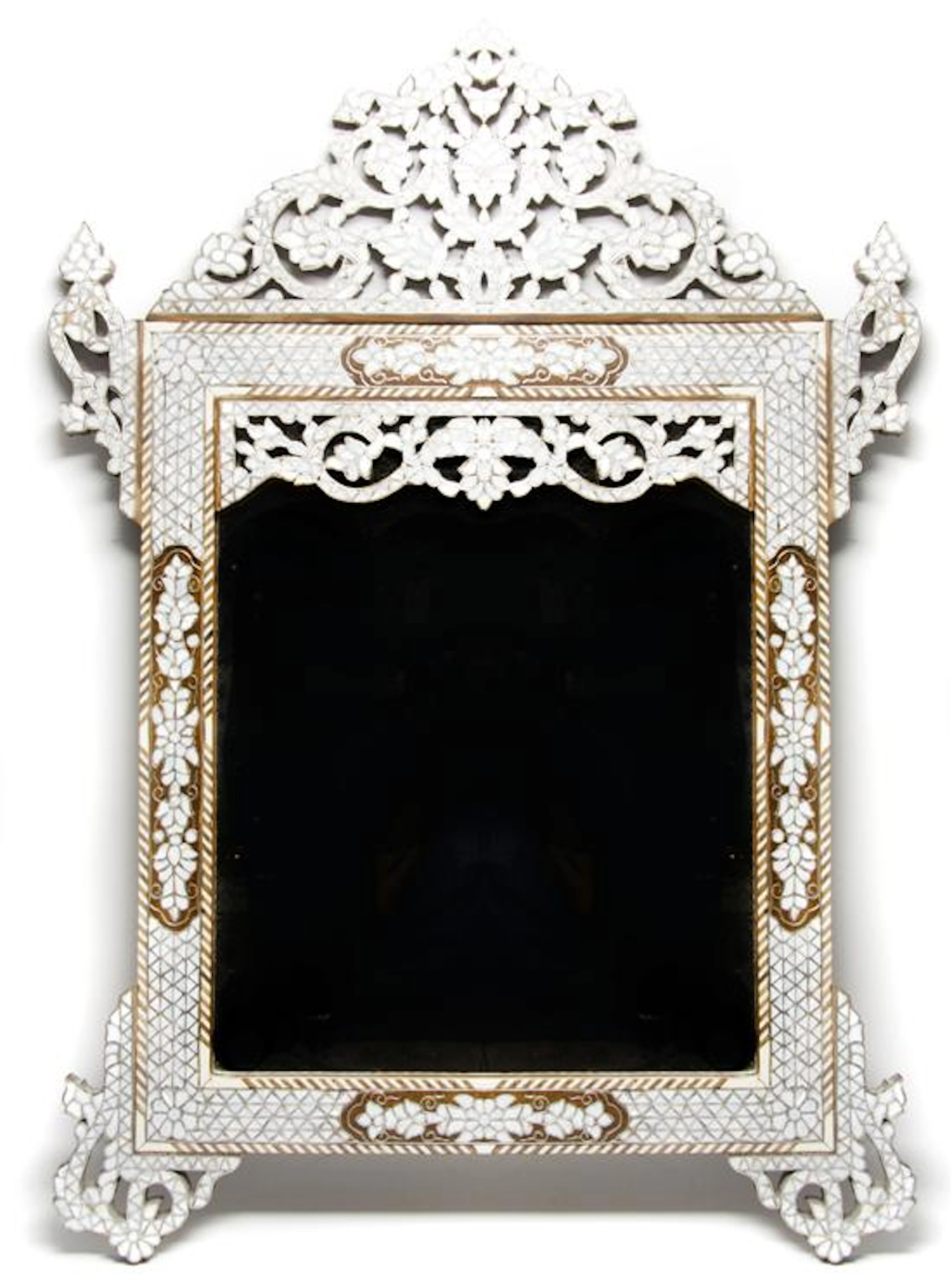 A Moroccan Mother-of-Pearl Inlaid Mirror, having silver metal stringing throughout.