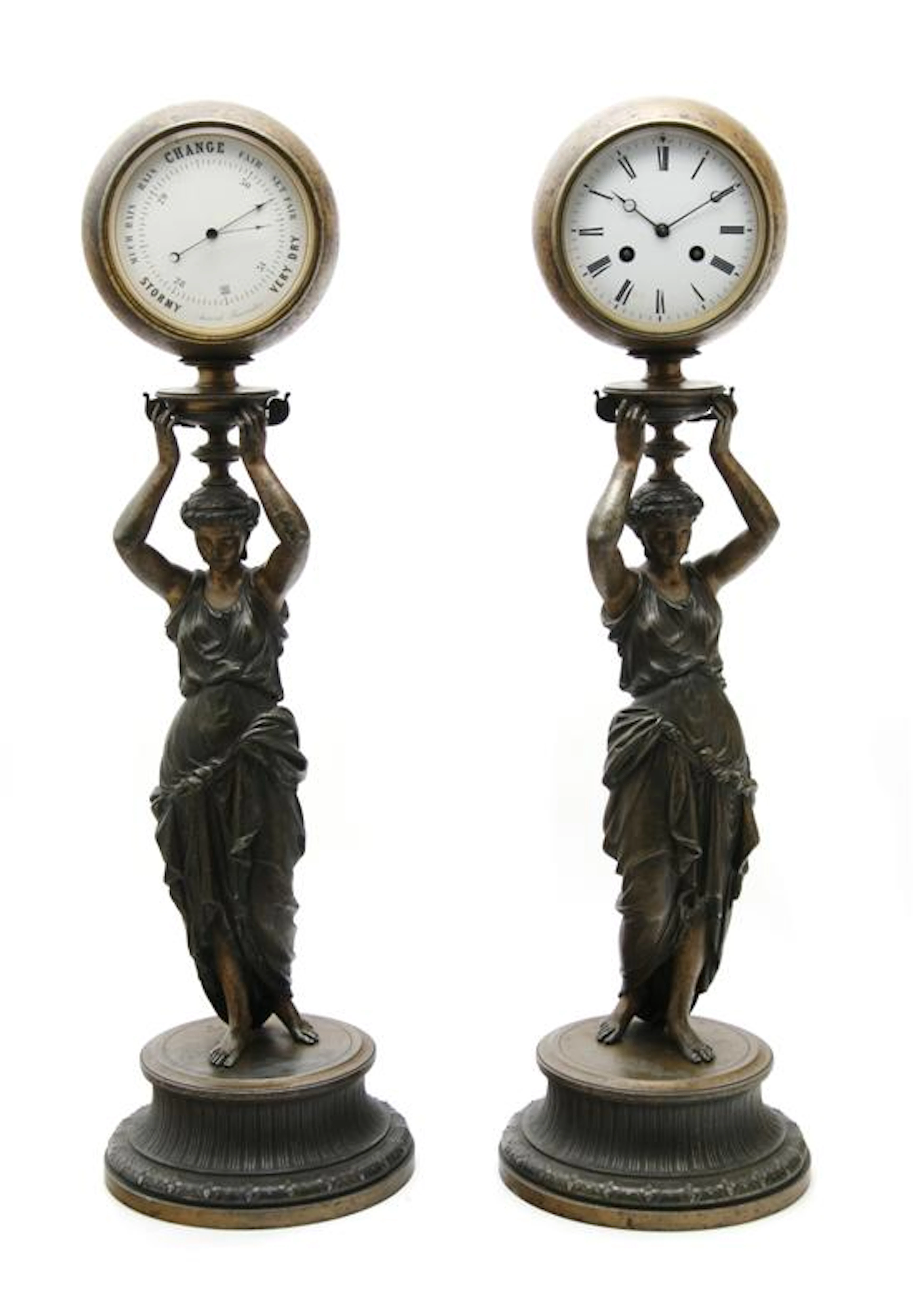 A Continental Cast Metal Figural Clock and Barometer Set