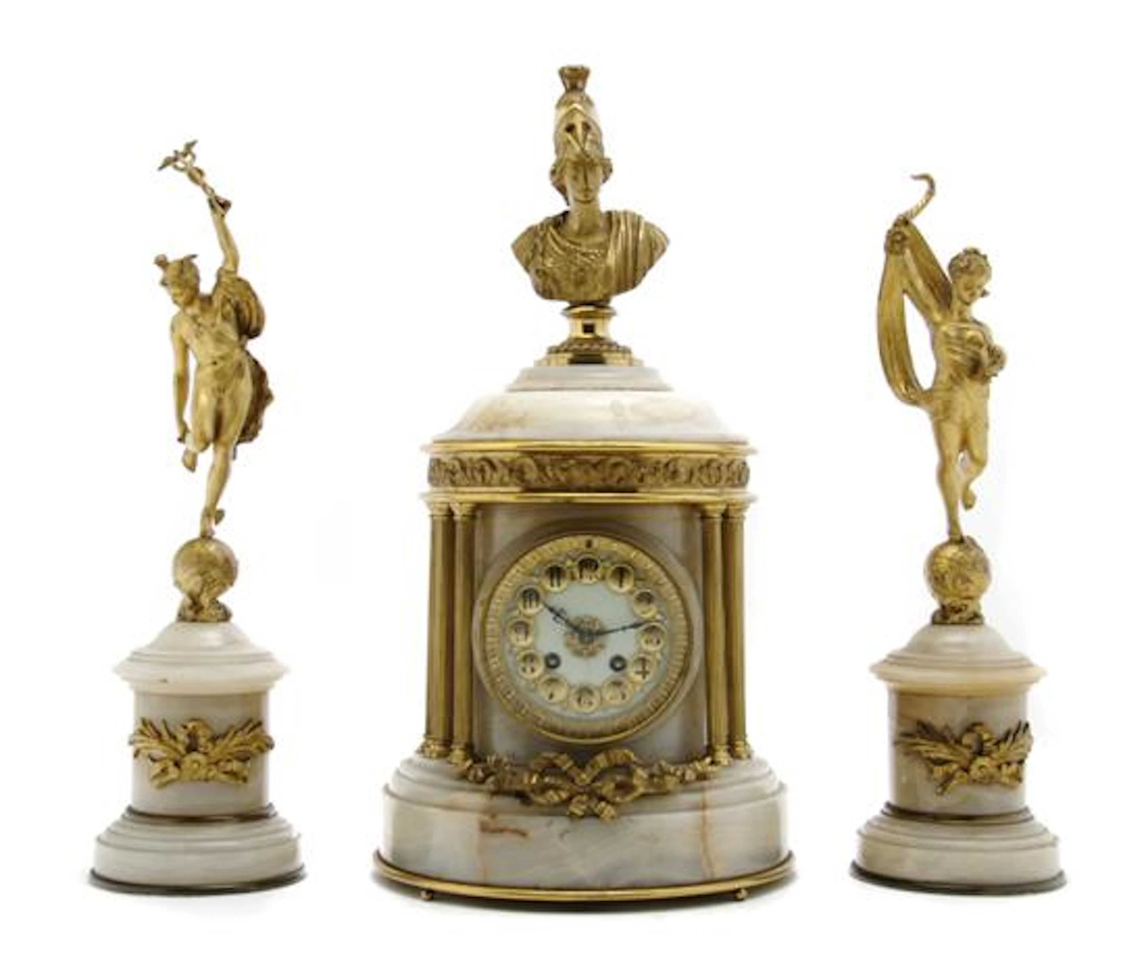 A Continental Gilt Metal and Onyx Clock Garniture