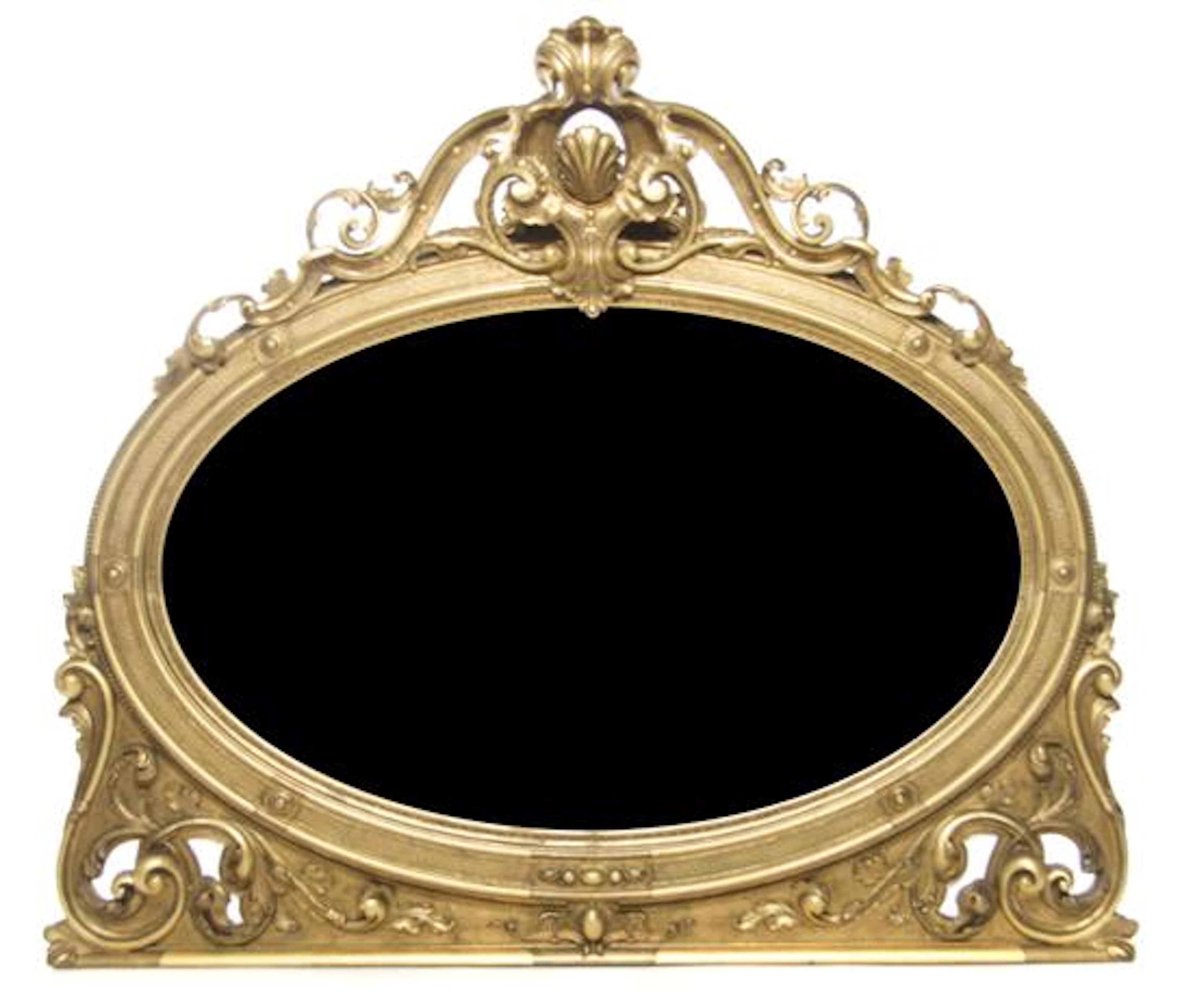 A Victorian Giltwood Over Mantle Mirror, the oval plate within an open, scrolling frame.