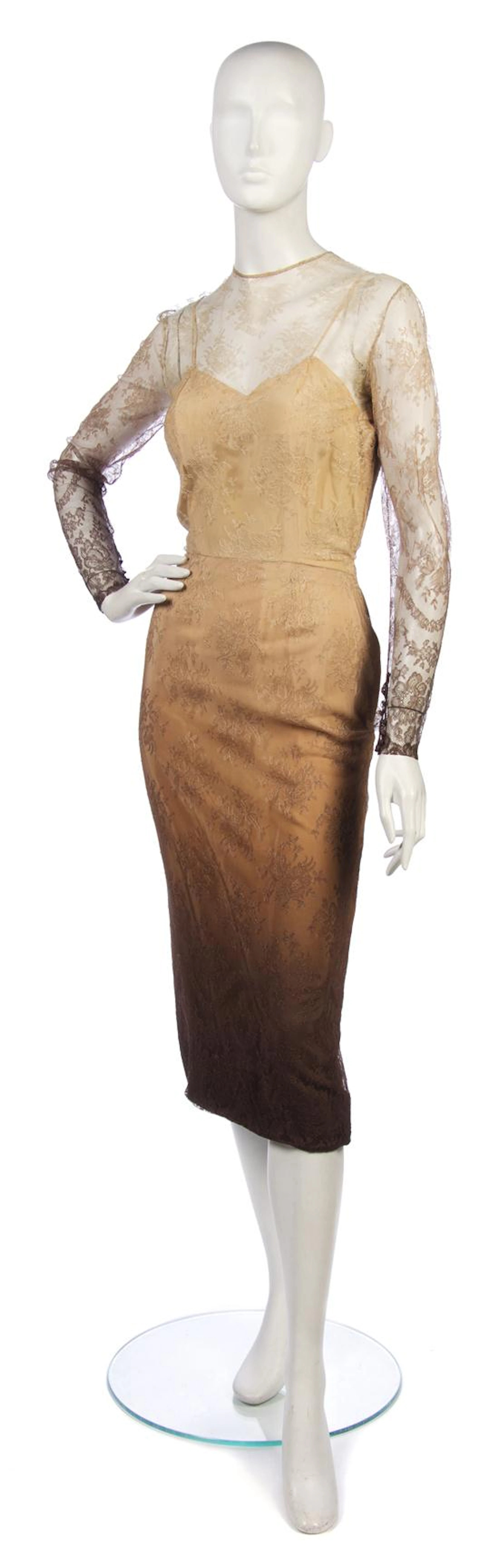 A Jeanne Paquin Beige Ombre Chantilly Lace Dress, 1950s,