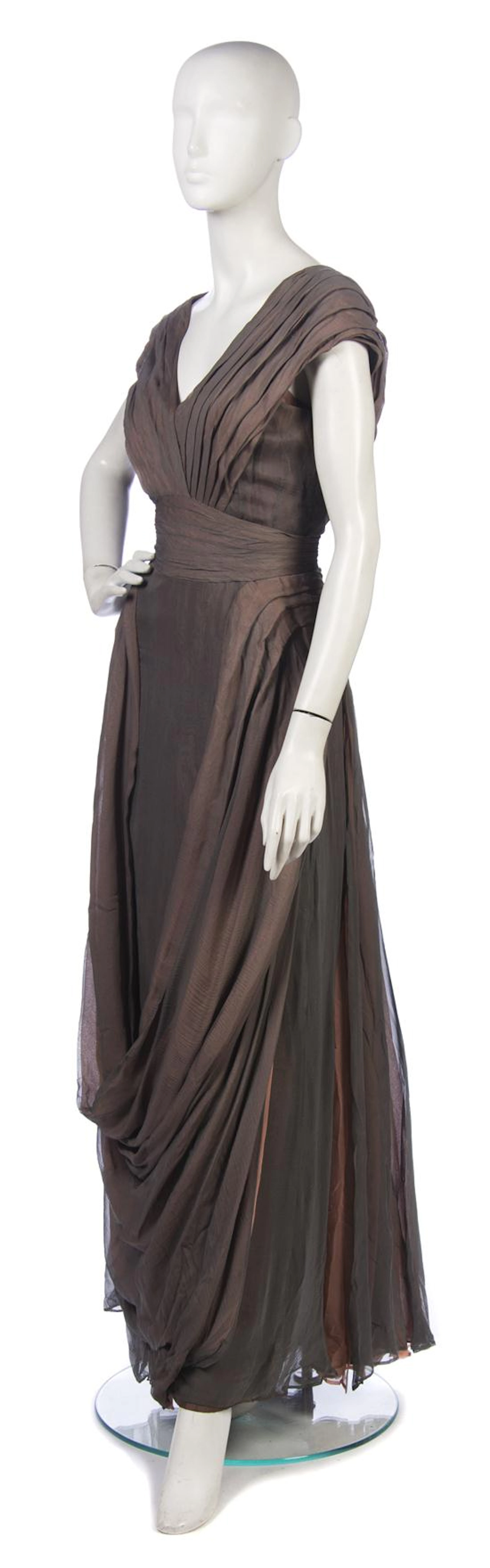 A Jeanne Paquin Gray and Coral Chiffon Evening Gown, 1930s,