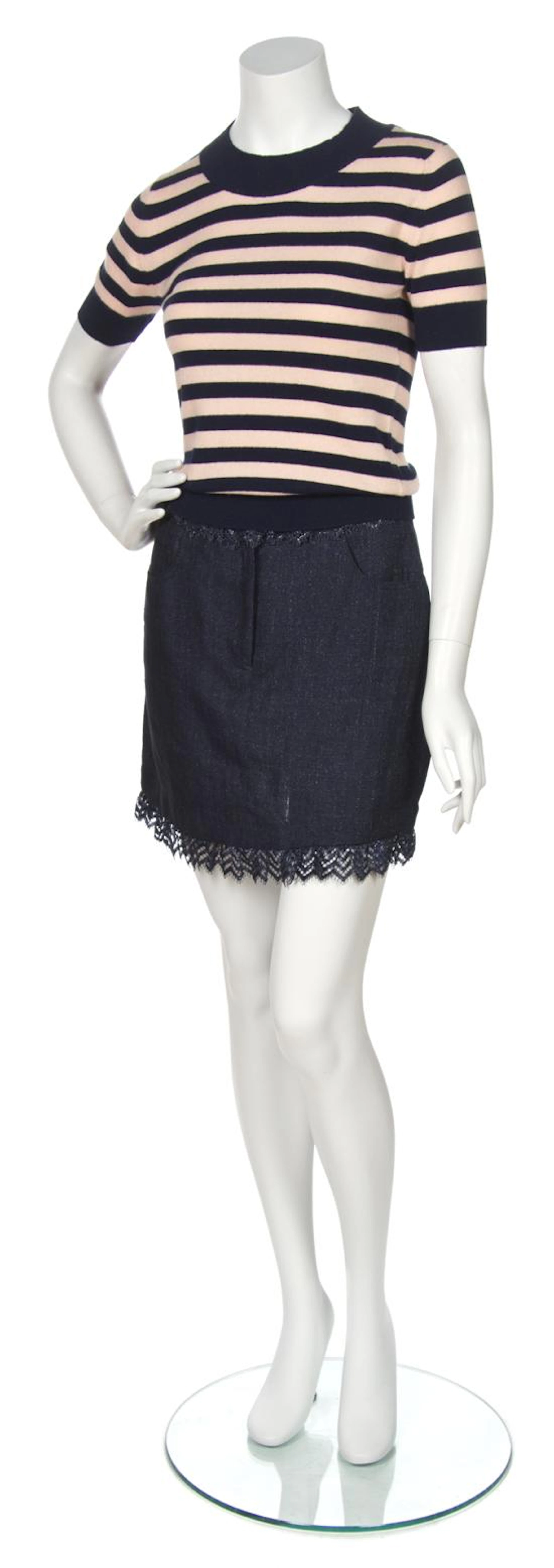 A Chanel Pink Cashmere Top and Denim Skirt Ensemble
