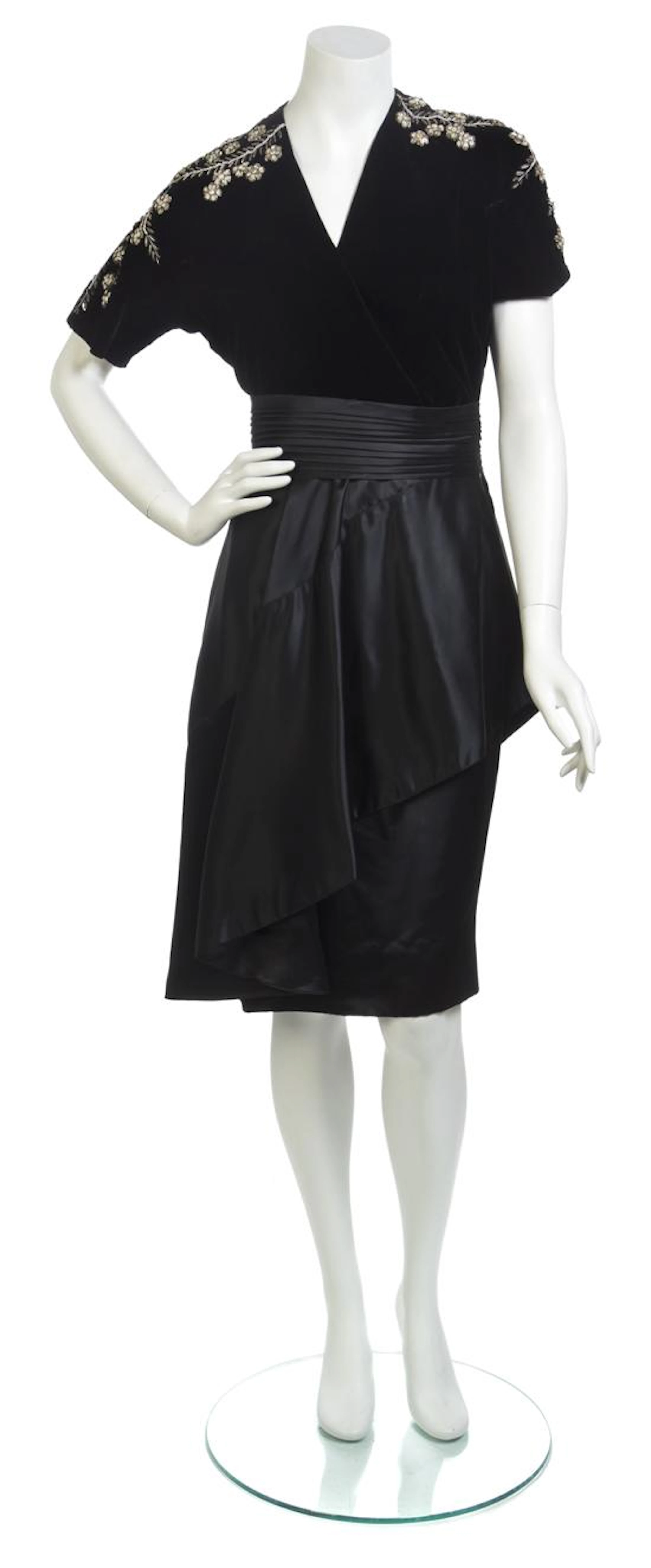 A Black Silk Satin and Velvet Dress, circa 1940,