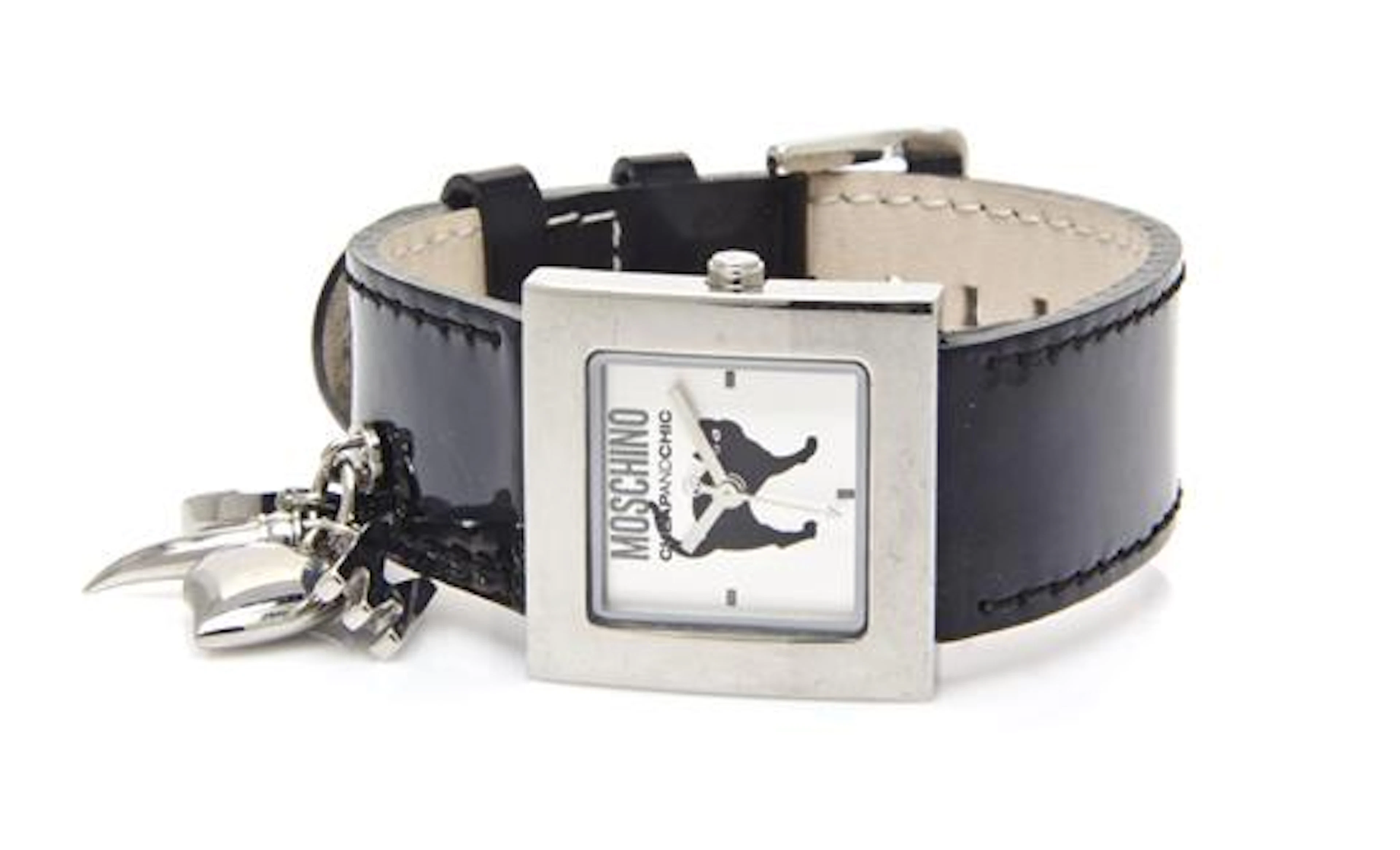 A Moschino Black Patent Leather Watch,