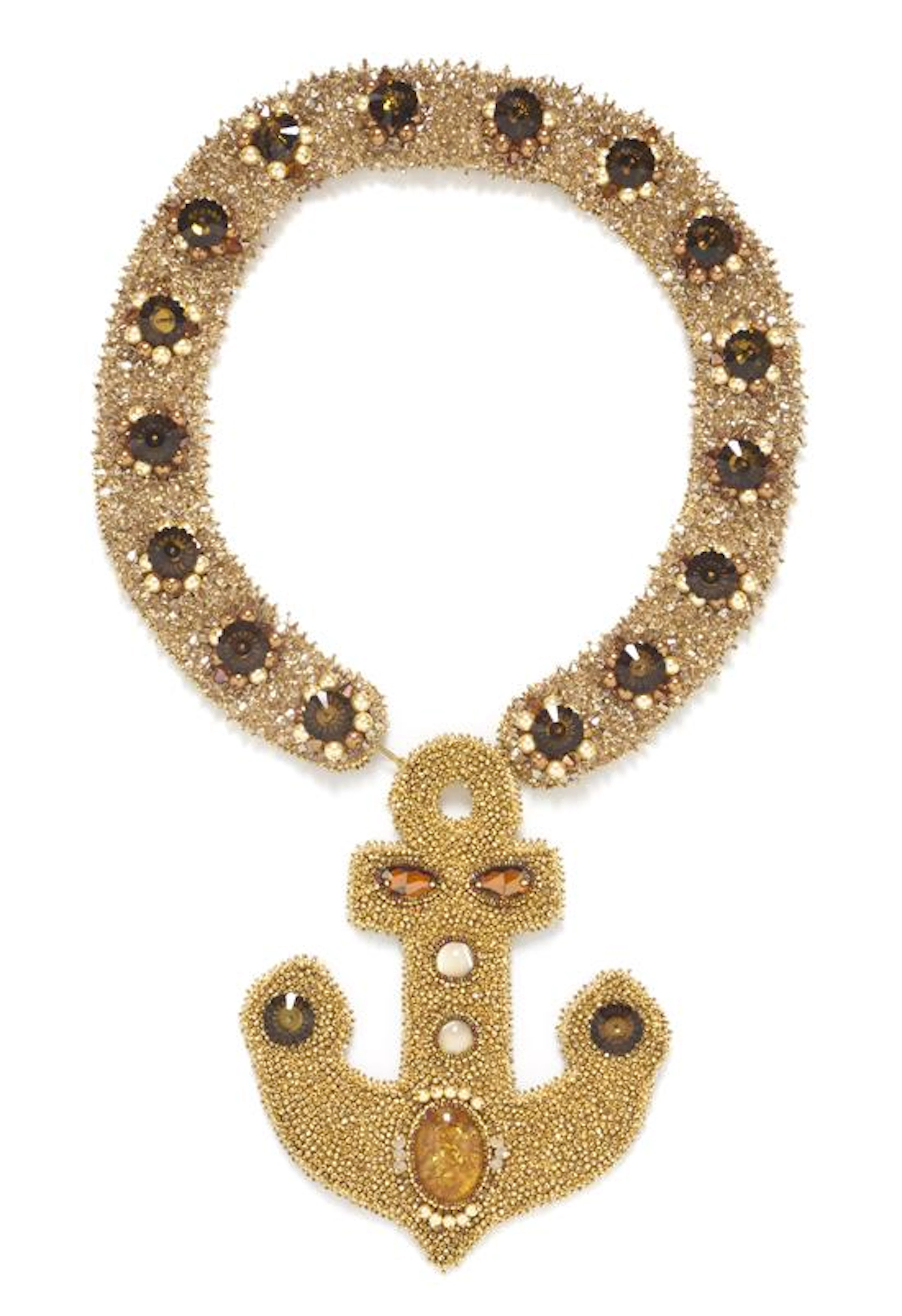 A Crystal D. Ross Gold Bead Embroidered Anchor Bib Necklace. No stamp.