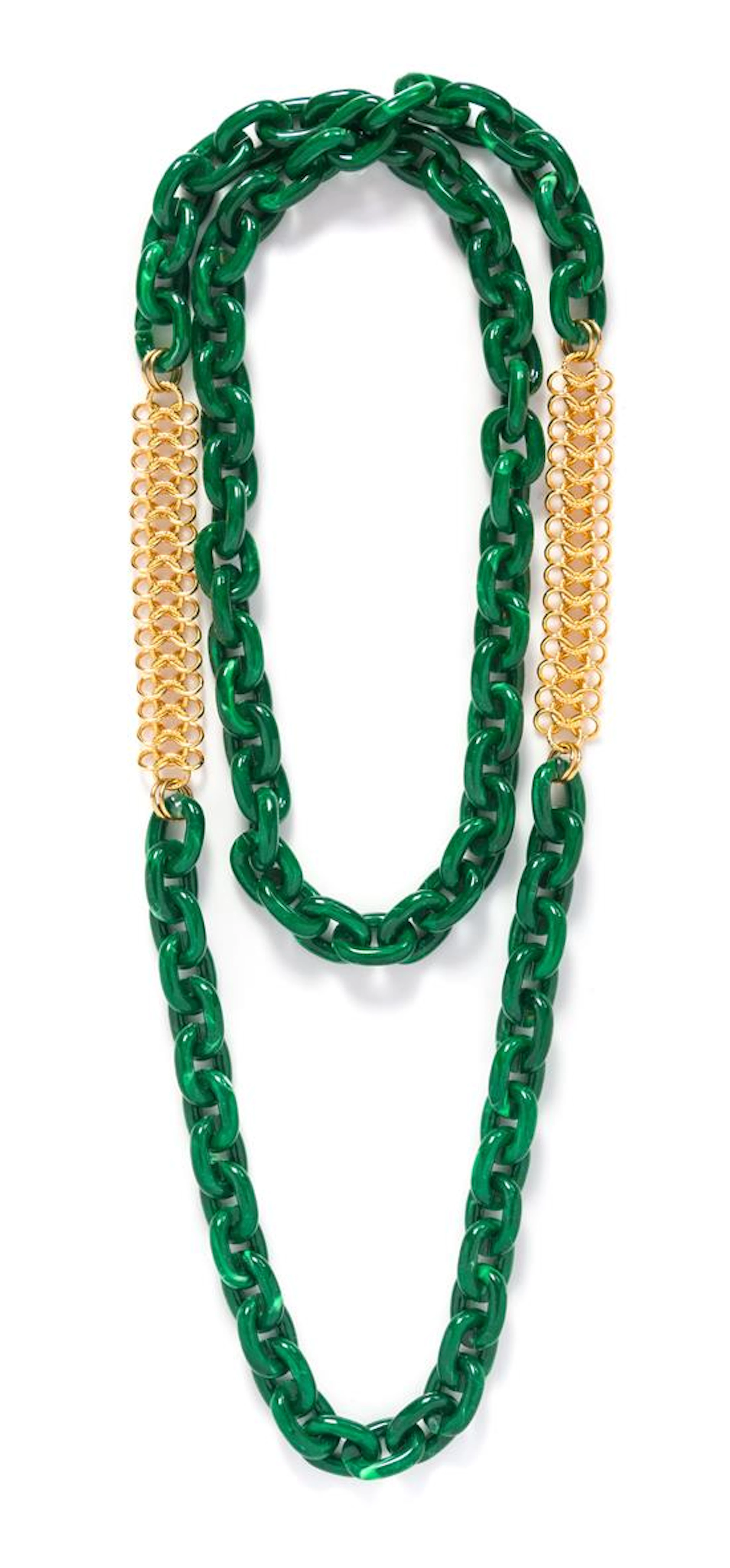 A Faux Emerald Chain Link Necklace, with goldtone chainlink. Unsigned.
