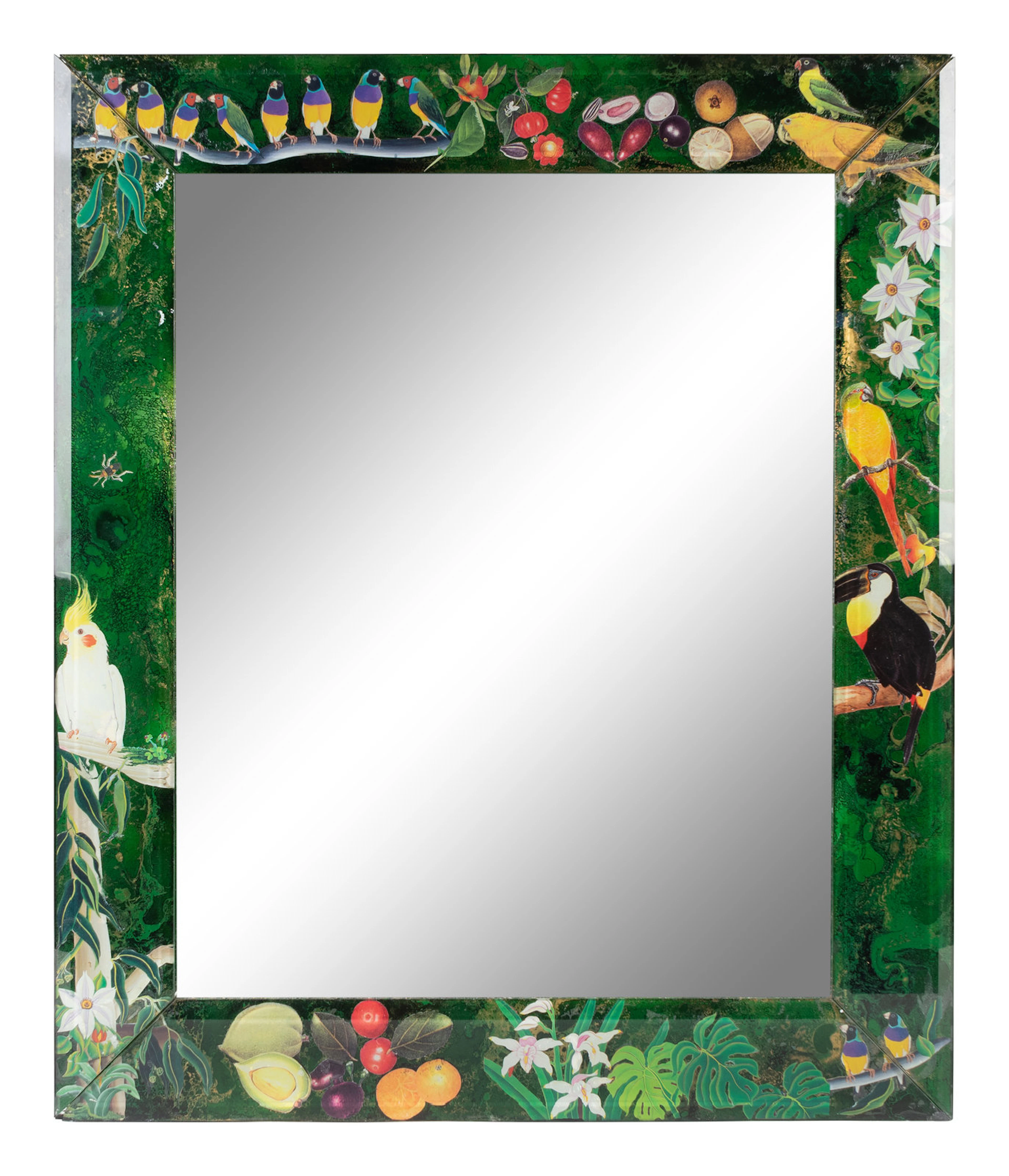 A Reverse Painted Mirror depicting Tropical Flora and Fauna