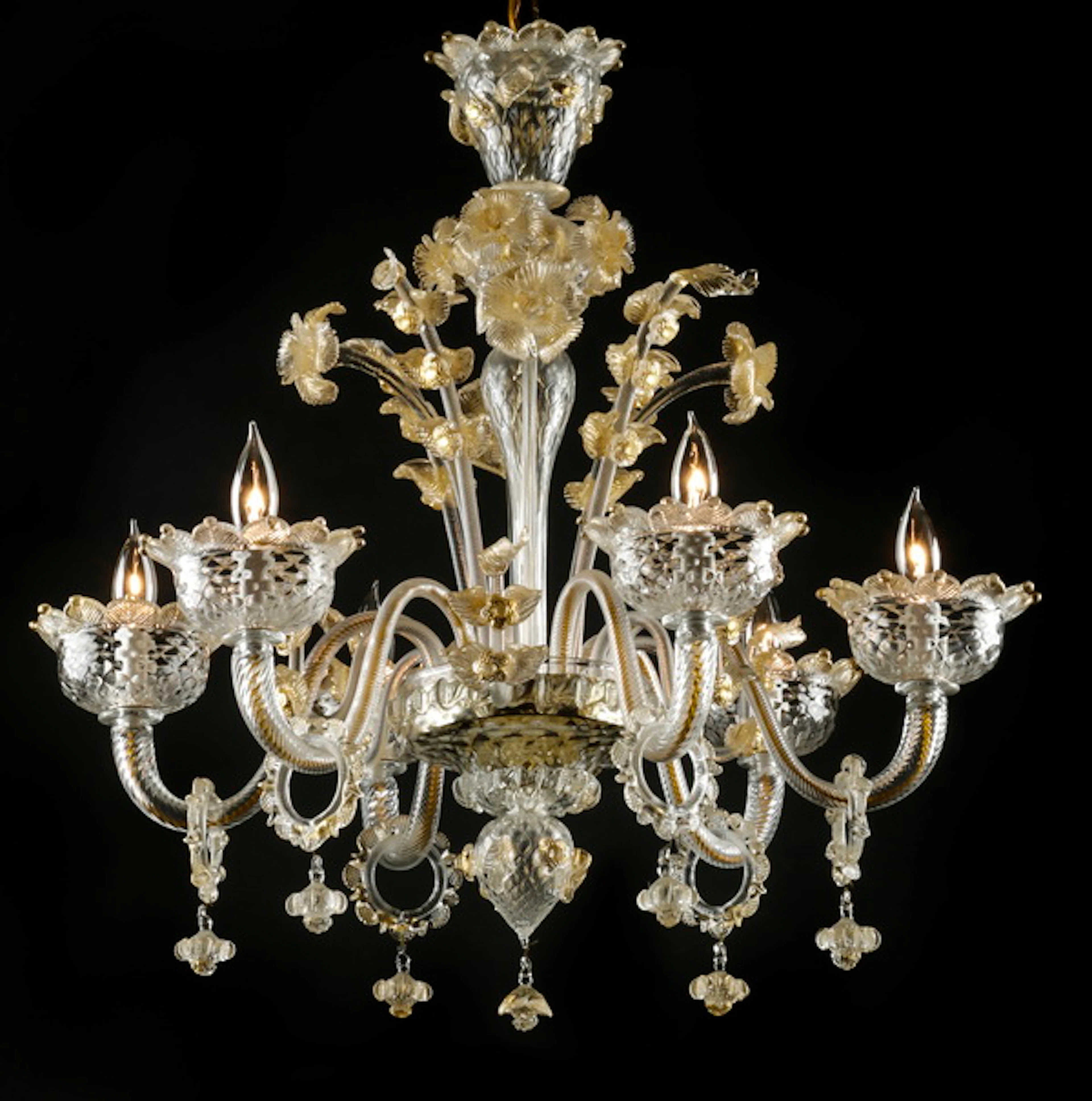 Murano parcel gilt 6-arm crystal chandelier, 43"h