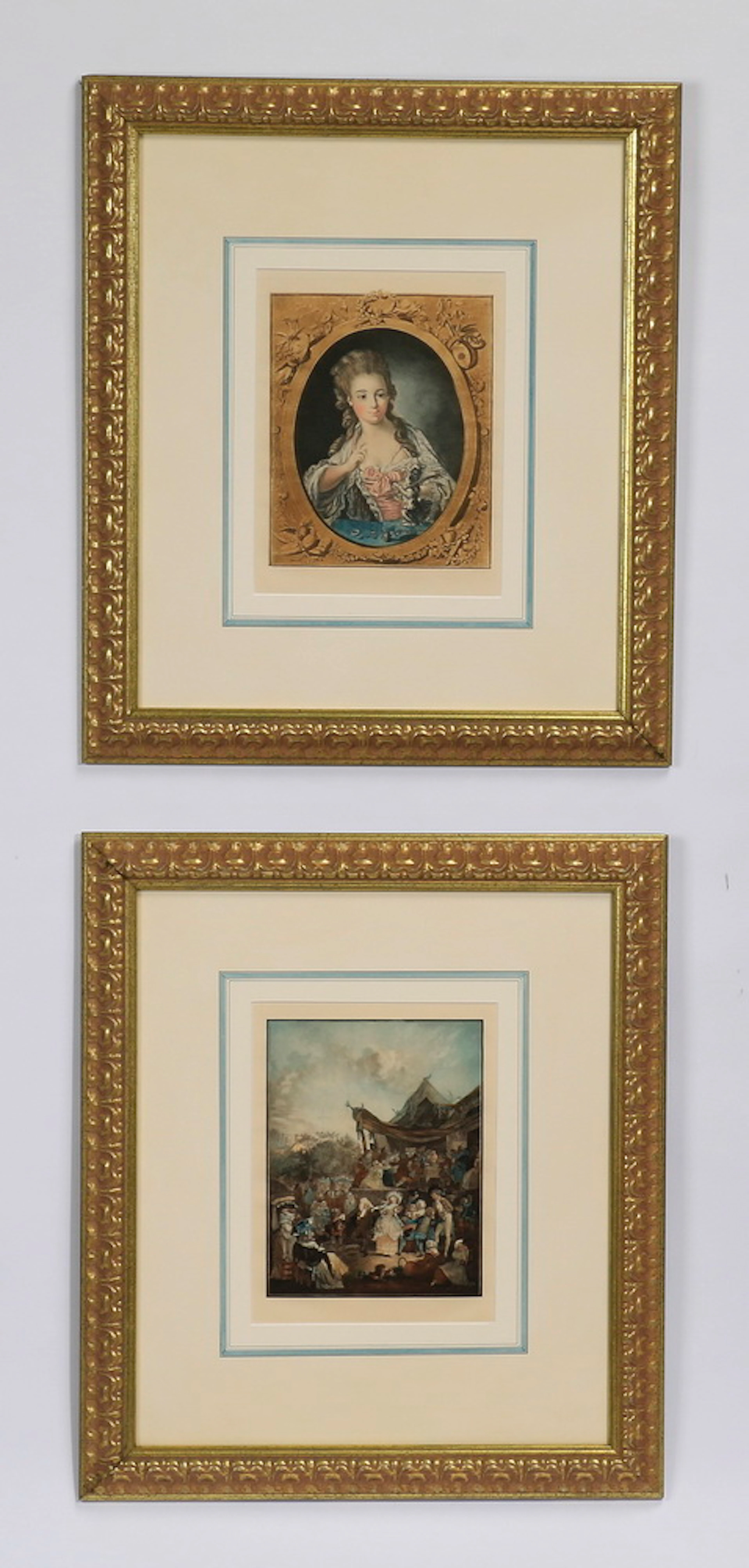 (2) French mezzotints after Watteau, 22"h