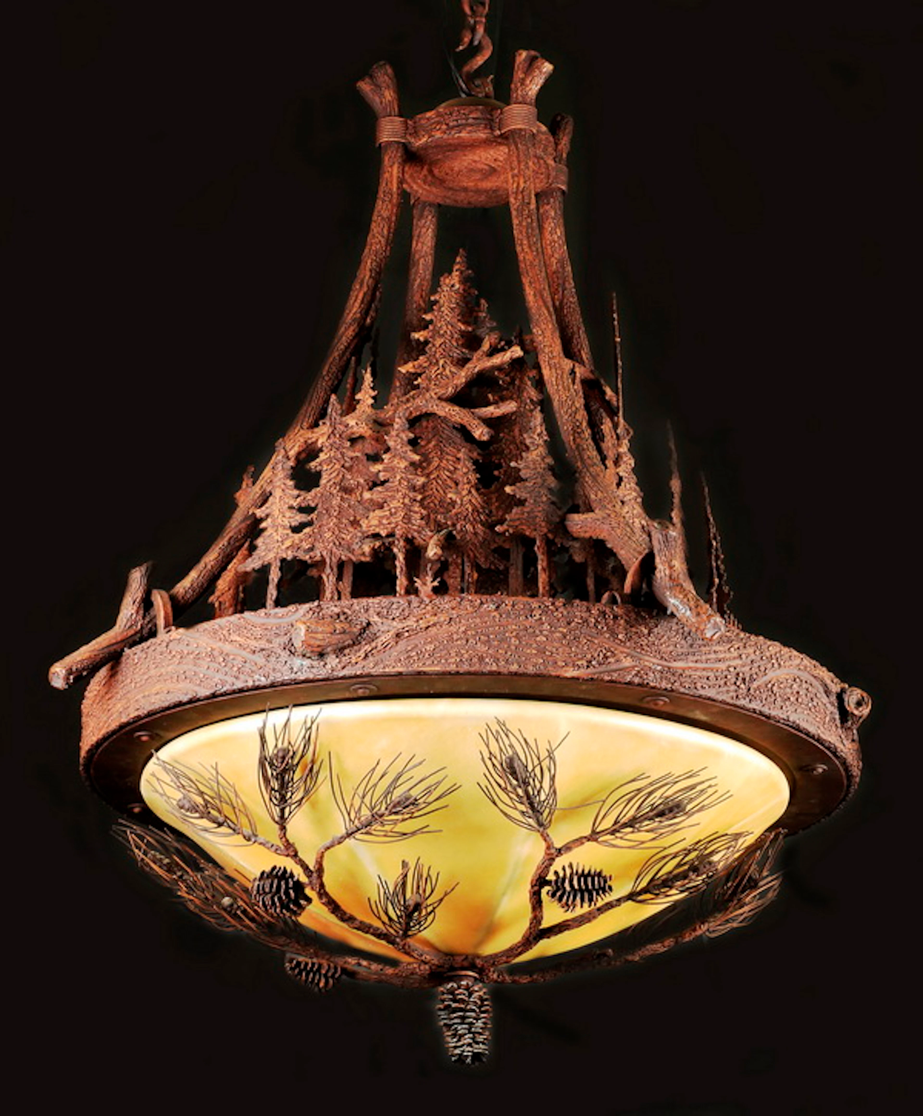 Western inspired bronze chandelier, w/ hide dome