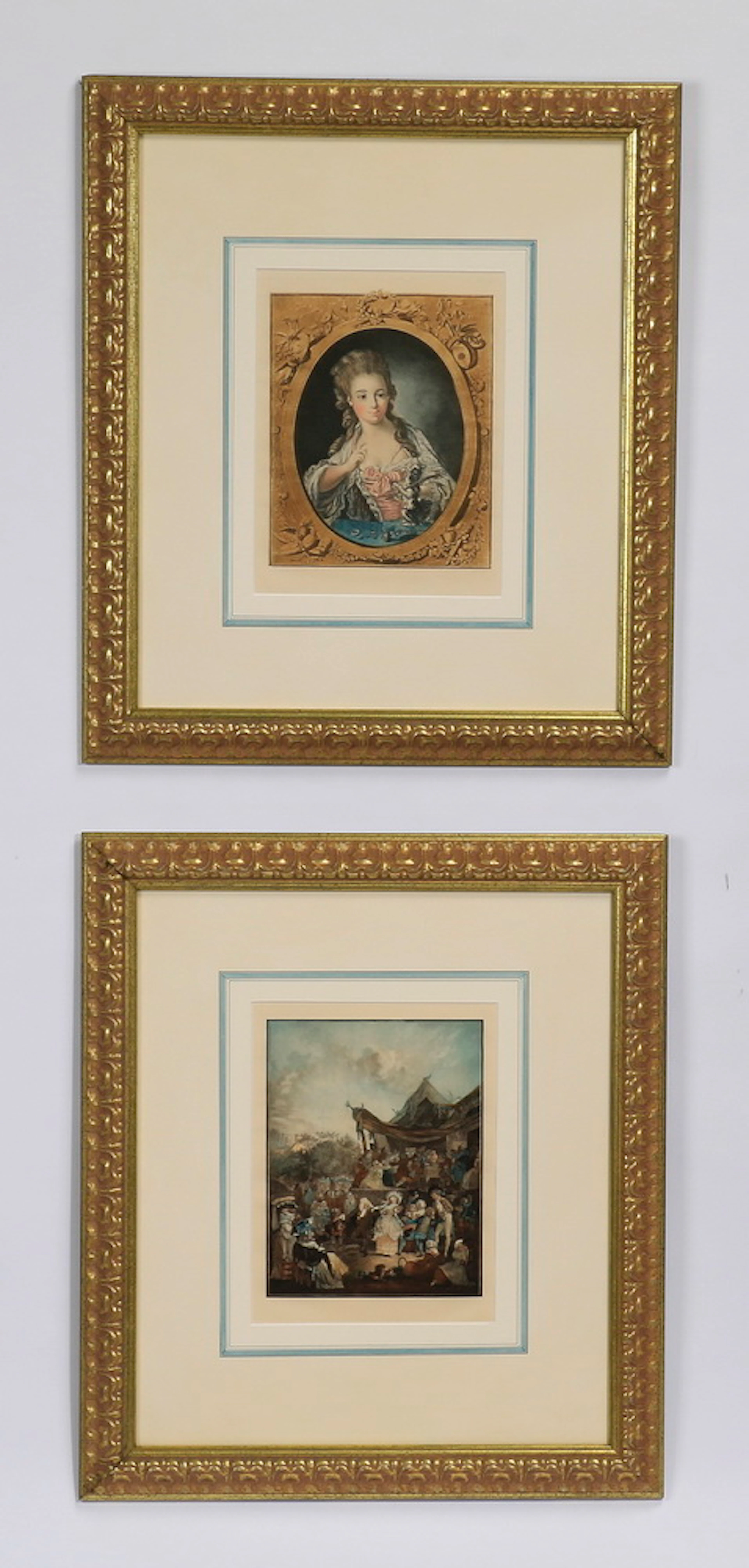 (2) French mezzotints after Watteau, 22"h