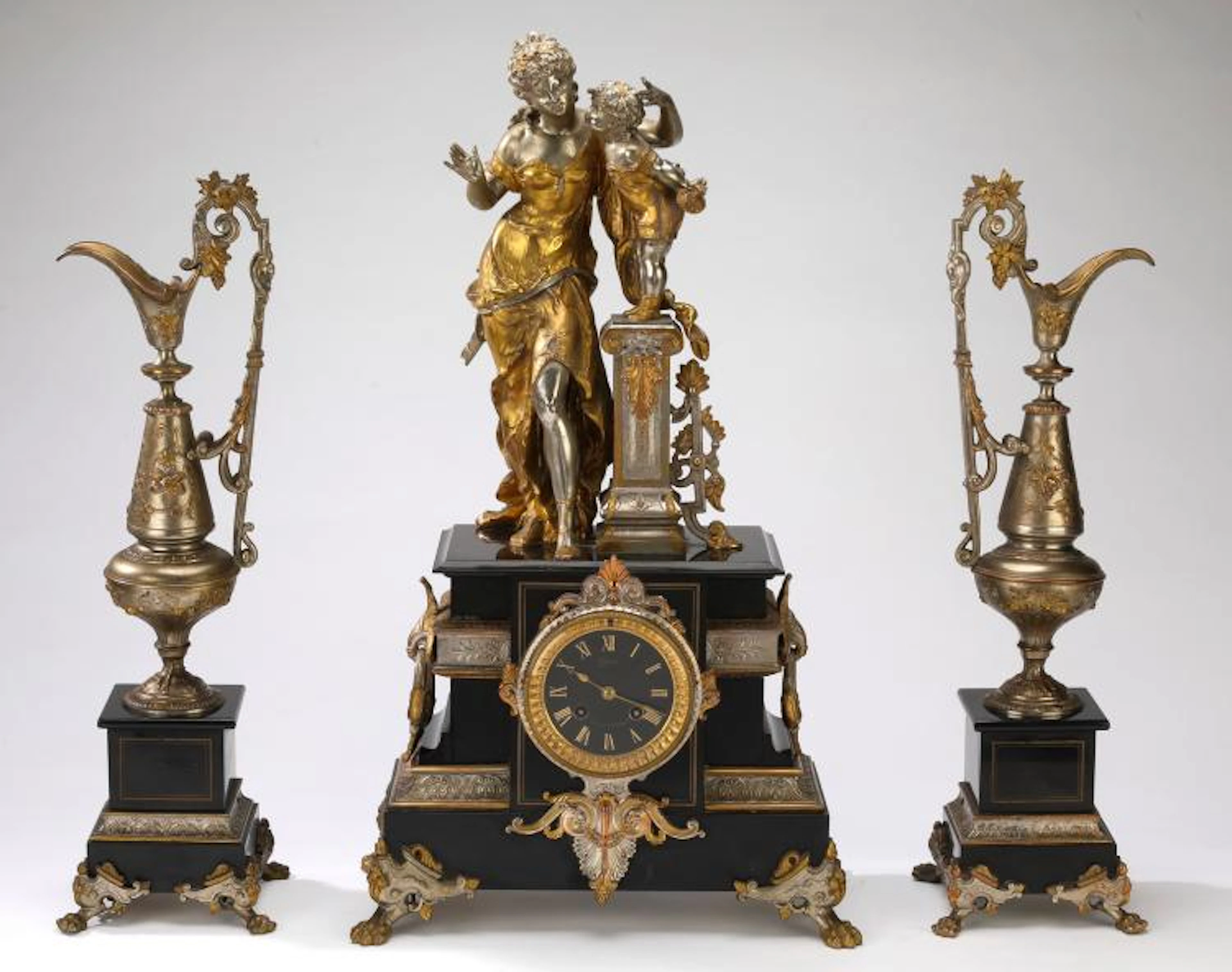 French figural clock garniture w/mother & child