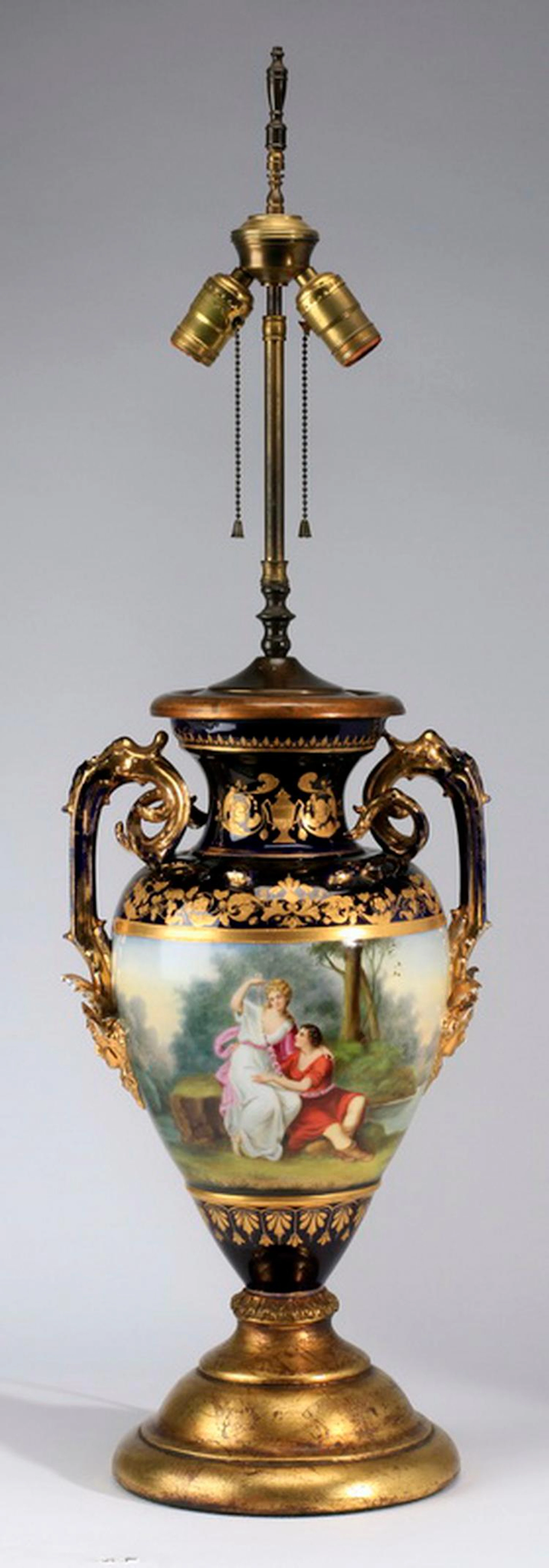 Continental porcelain urn-form table lamp, 36"h