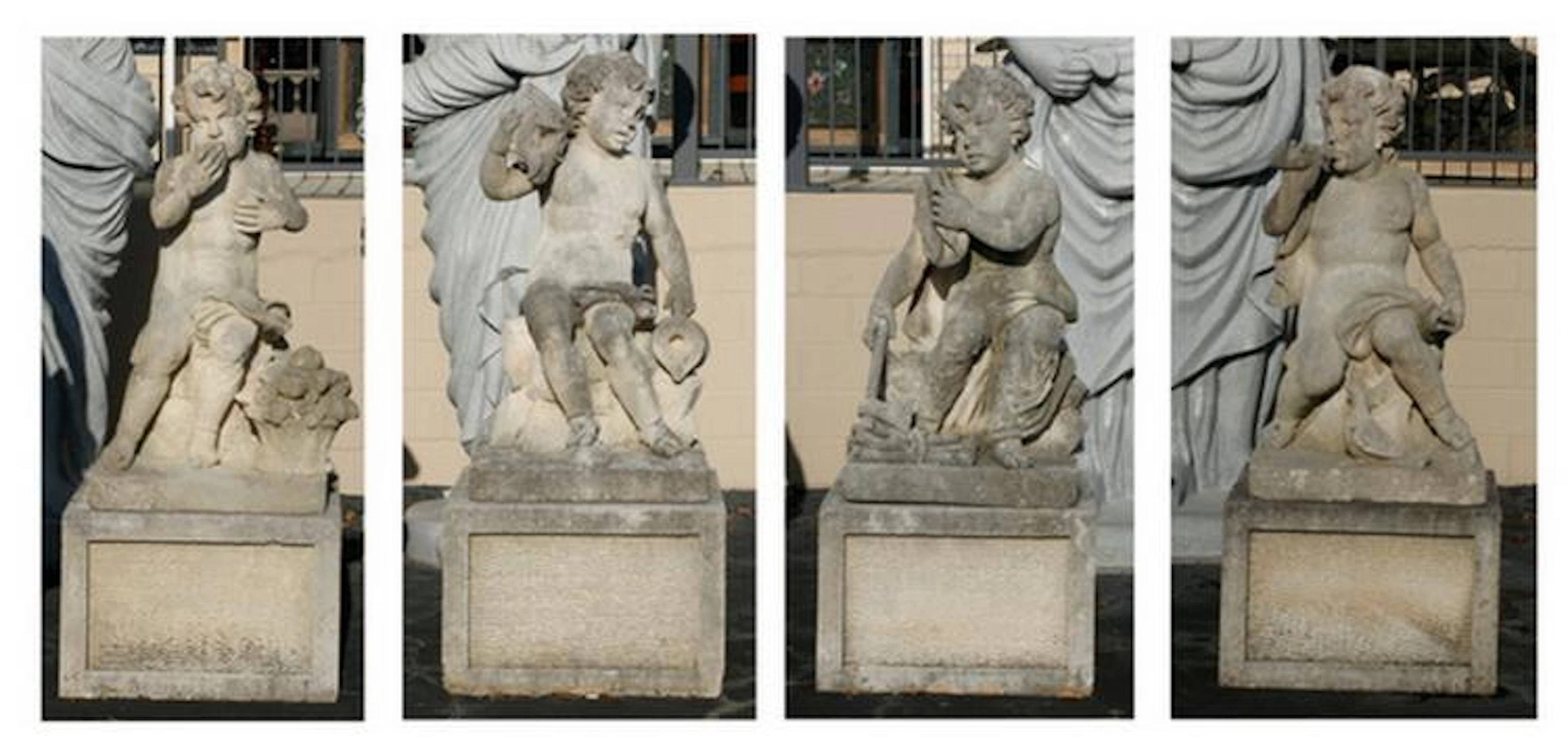 (4) Italian carved limestone putti on bases, 66"h