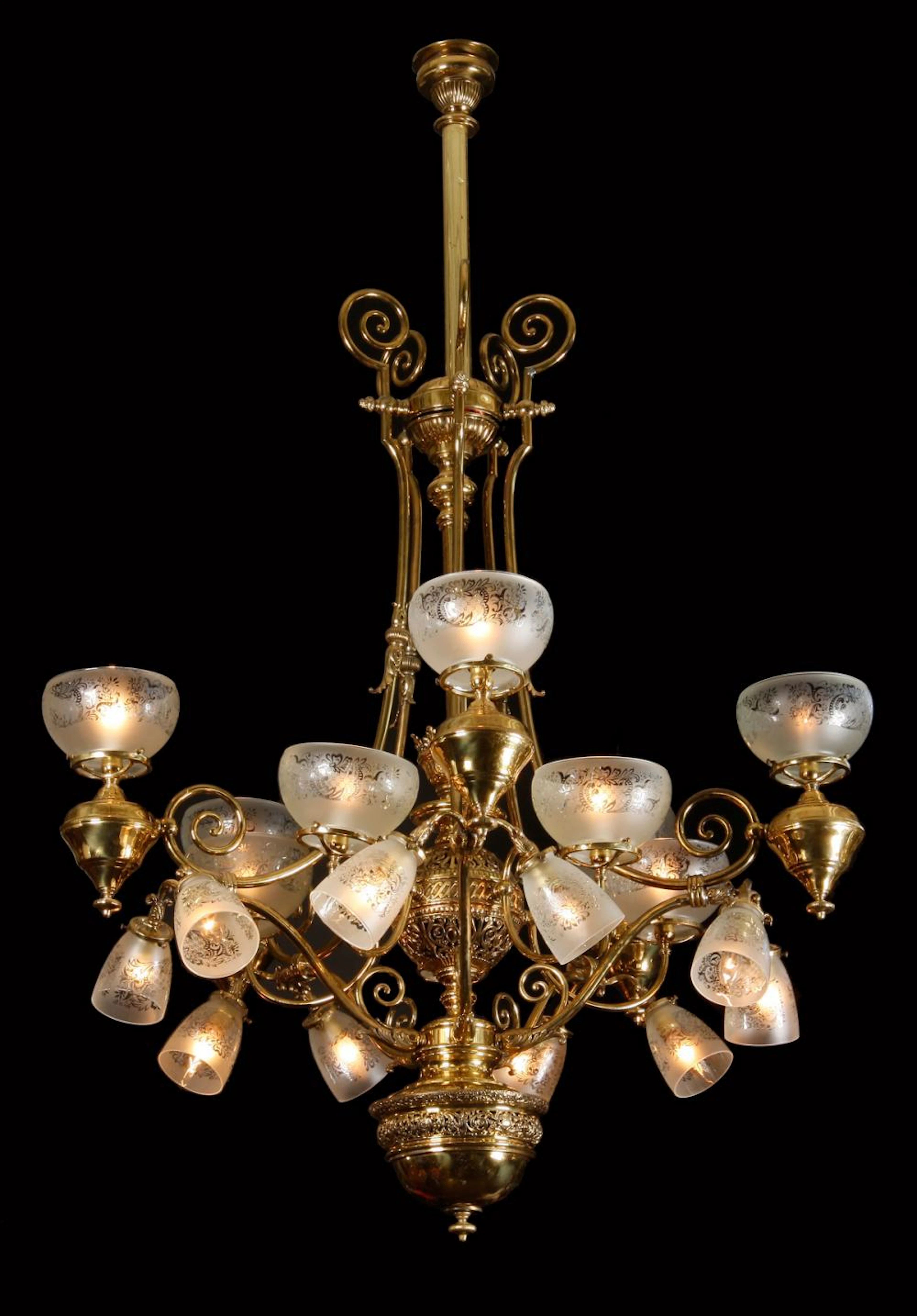 Early 20th c. 20-light brass chandelier, 70"h