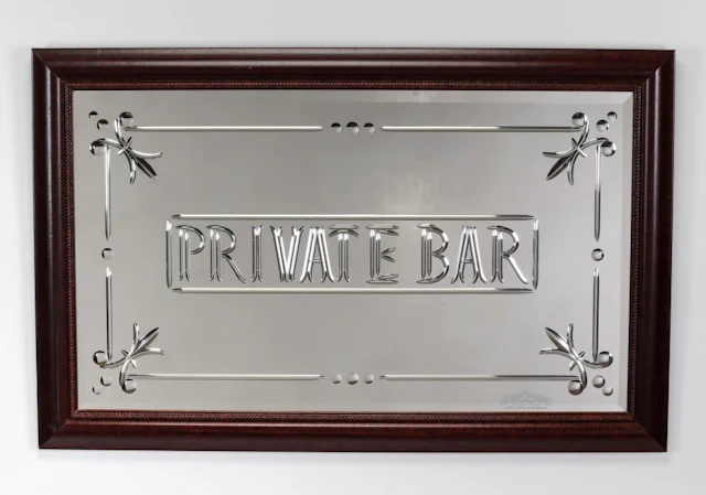 Italian wheel cut and beveled 'Private Bar' mirror