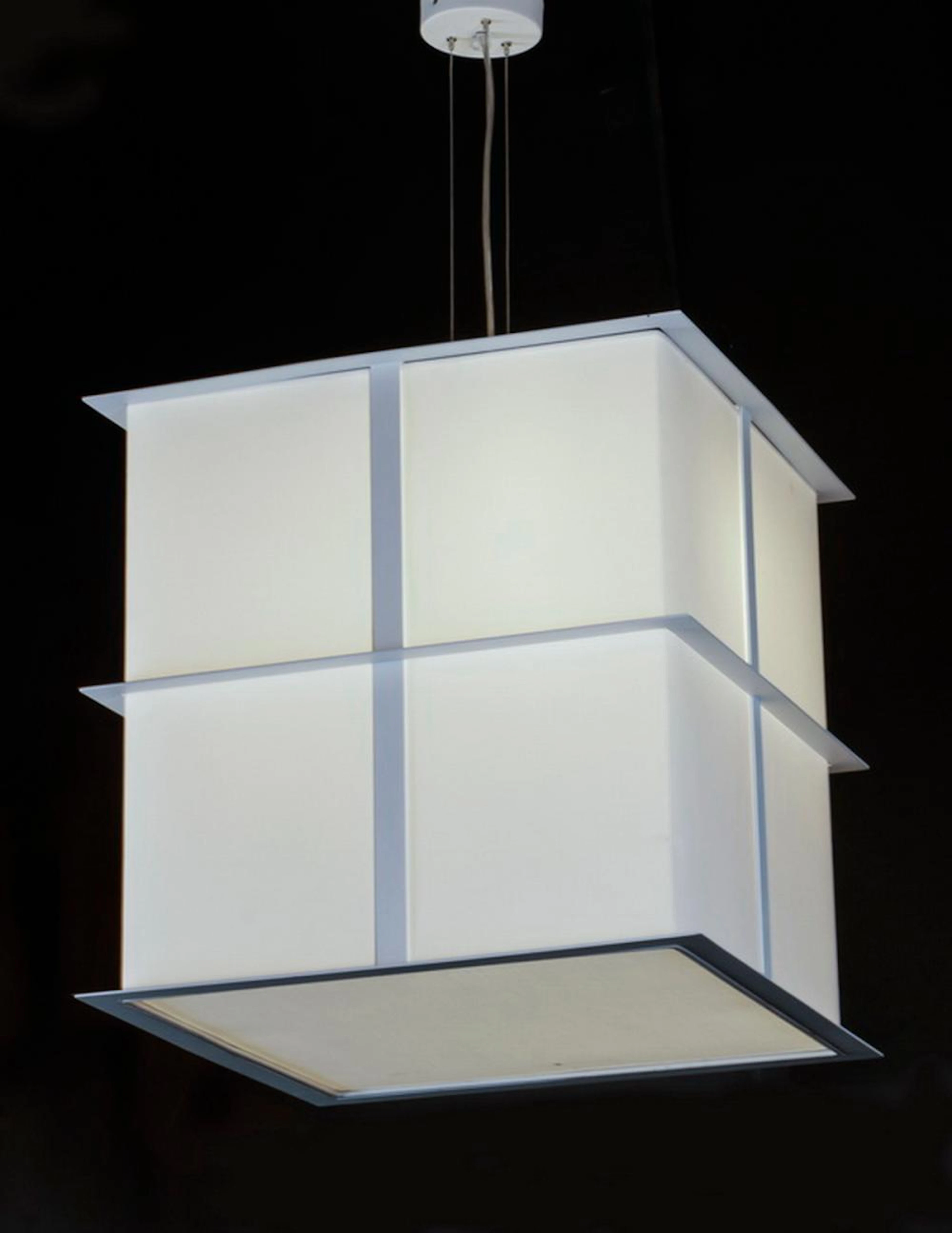 Contemporary linen and chrome chandelier, 34"h